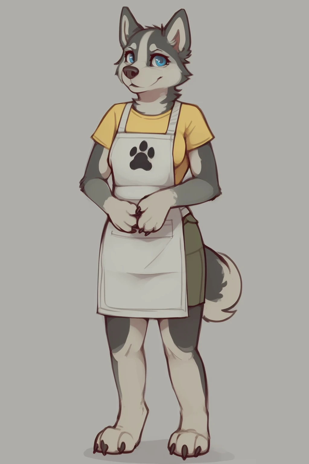 adult, anthro, white apron, blue eyes, clothed, clothing, female, footprint, fully clothed, grey background, looking at viewer, pawprint, yellow shirt, simple background, solo, standing, front view, by oldski, husky <lora:Skidoo(oldski_newski)_coconut2:0.6>