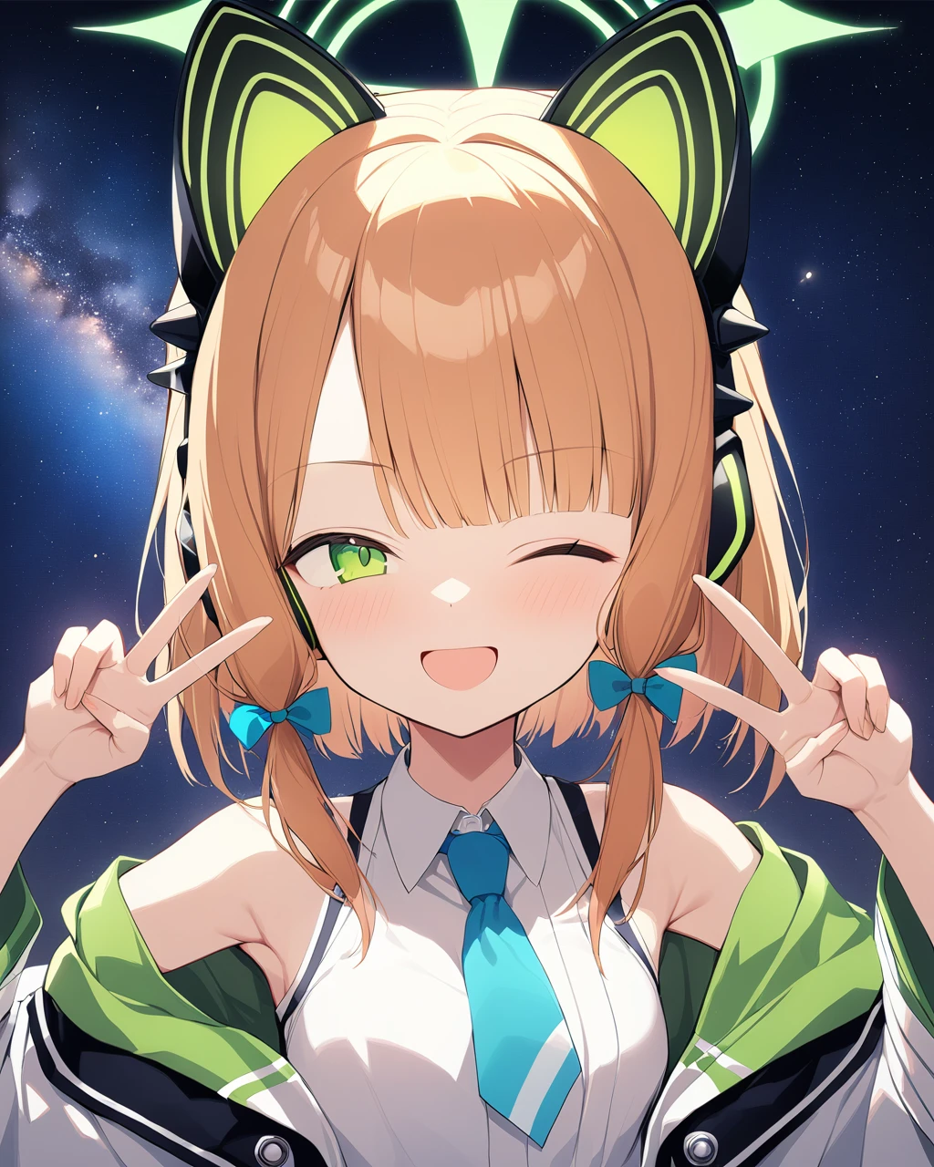 1girl,midori_\(blue_archive\),looking at viewer,cat ears headphones,halo,smile,milky way background,hair between eyes,bare shoulders,upper body,one eye closed,wink,double v,
masterpiece, best quality