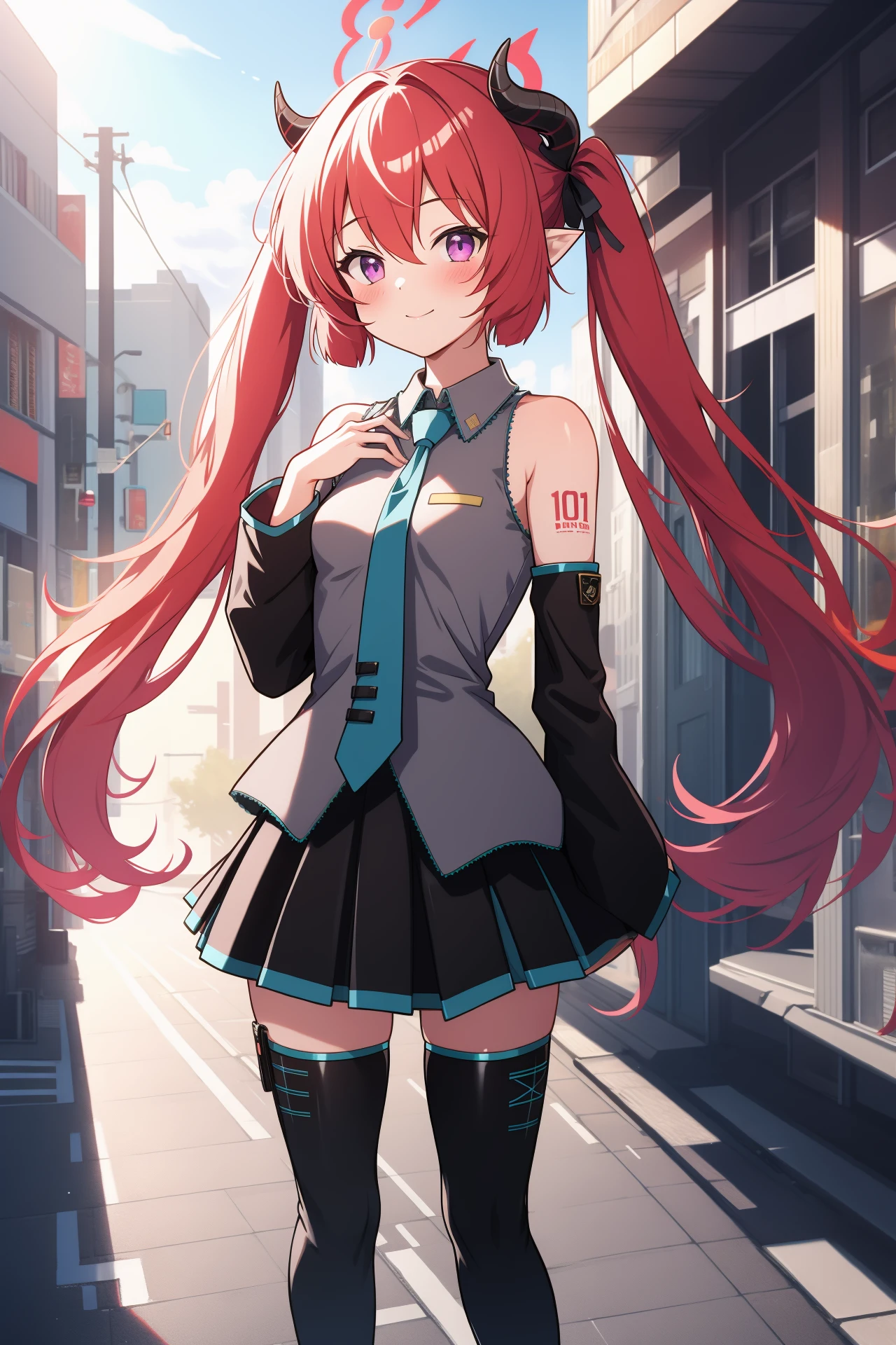  1girl, solo, outdoors, street, looking at viewer, masterpiece, best quality, high resolution, unity 8k wallpaper, (illustration:0.8), (perfect hands, perfect anatomy), blush, shiny hair, shiny skin, small breasts, junko, red hair, long hair, hair between eyes, twintails, purple eyes, pointy ears, demon horns, black ribbon, hair ribbon, halo, miku outfit, sleeveless shirt, grey shirt, detached sleeves, necktie, arm tattoo, skirt, thighhighs, thigh boots