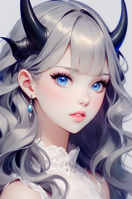 1girl, solo, long hair, looking at viewer, bangs, blue eyes, simple background, upper body, parted lips, horns, grey background, lips, eyelashes, wavy hair, portrait,<lora:lbc_girly_style:0.6>,