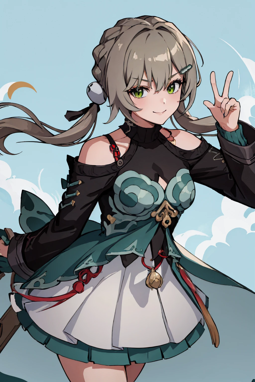 (masterpiece, best quality:1.2), solo, 1girl, hsrqingque, smile, looking at viewer, twintails, braid, hairclip, dress, long sleeves, skirt, bare shoulders <lora:hsr_qingque-10:1>