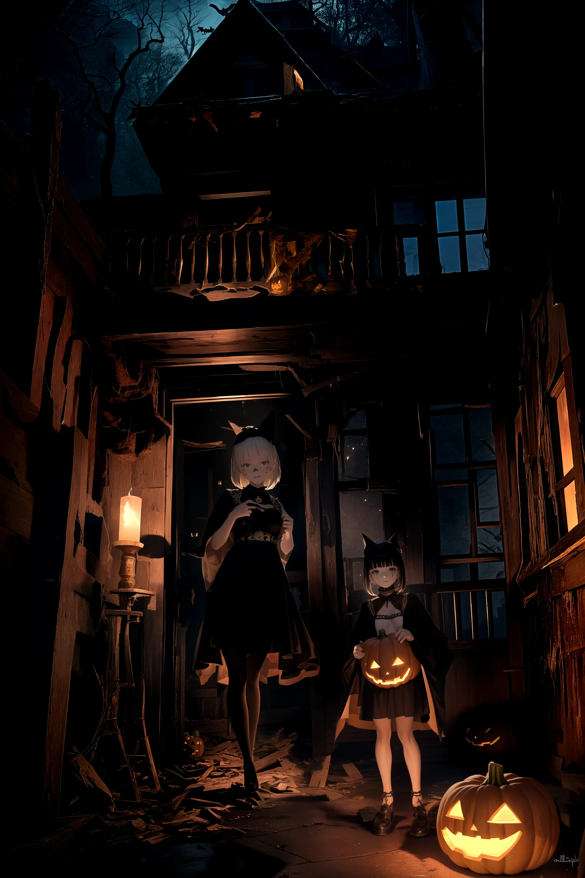 a girl in a Halloween costume, standing in front of a haunting house adorned with eerie decorations. The girl's costume is inspired by the mystical and macabre, with dark colors, flowing fabric, and intricate details. She holds a carved pumpkin, its flickering candle casting an eerie glow on her face. The haunting house behind her is dilapidated, with broken windows and overgrown vines, creating a spooky atmosphere. Shot with a Sony A7 III, Fujifilm Velvia 50 film, 35mm lens, capturing the haunting beauty of the scene with rich colors and sharp details.