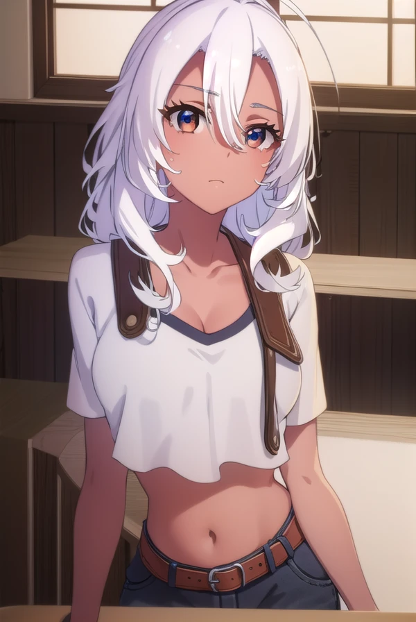 altriagrem, <lora:altria grem s2-lora-nochekaiser:1>,
altria grem, long hair, hair between eyes, (brown eyes:1.3), ahoge, white hair, dark skin, dark-skinned female,
BREAK shirt, navel, cleavage, collarbone, white shirt, midriff, belt, pants, dark skin, dark-skinned female, crop top, denim,
BREAK indoors, classroom,
BREAK looking at viewer, ()
BREAK <lyco:GoodHands-beta2:1>, (masterpiece:1.2), best quality, high resolution, unity 8k wallpaper, (illustration:0.8), (beautiful detailed eyes:1.6), extremely detailed face, perfect lighting, extremely detailed CG, (perfect hands, perfect anatomy),