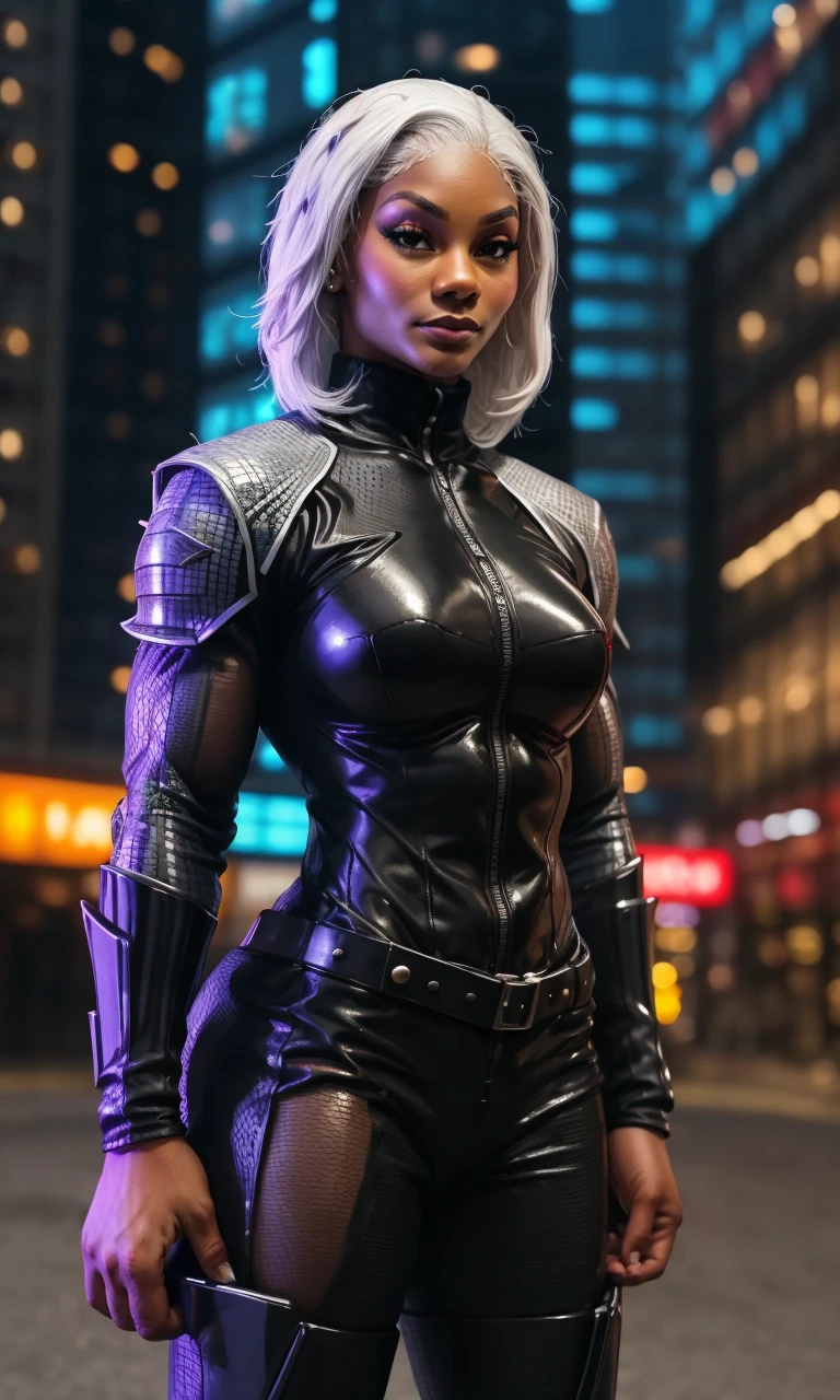 jadecargill2023, 1girl, best quality, masterpiece, 5 fingers, depth of field, full body, 5 fingers, raw photo, photorealistic, dark skin, white hair, turtleneck, smile, looking at viewer, storm \(x-men\), dramatic lighting, action pose, cyber ninja, armor, cyberpunk city, neon lights,