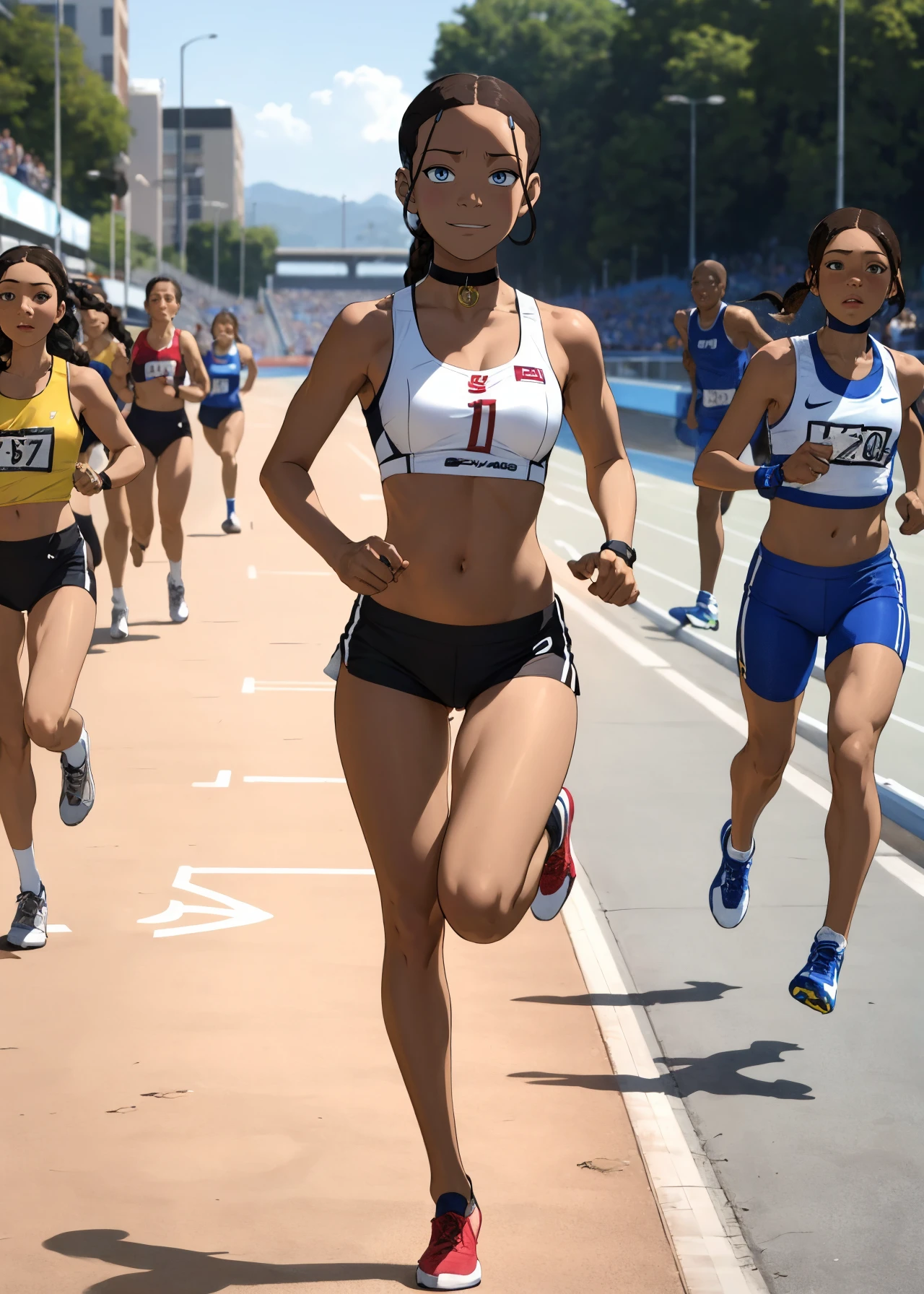 (full_body shot, masterpiece, best_quality, ultra-detailed, immaculate:1.3),
<lora:k3t3r3:0.6> k3t3r3 a dark-skinned female, solo, single_braid, low ponytail, brown hair, female focus, Shock, looking at viewer, choker, small breasts, skinny, running,
sports bra, thong, underboob, midriff, short shorts,
<lora:detail_slider_v4:0.5>
track, field,