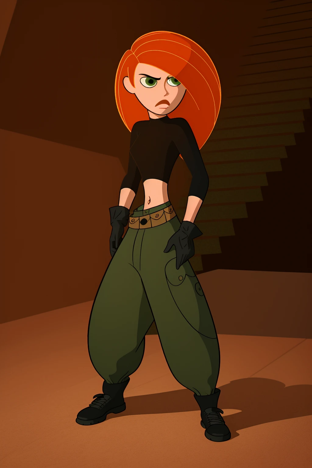 Best_QualityPos, RAW photo, intricate details, best quality, 8k uhd, soft lighting, 1girl, solo, green eyes, orange hair, long hair, black gloves, black shirt, crop top, midriff, long sleeves, belt, belt pouch, green cargo pants, black shoes <lora:Kimberly_Ann_Possible_V2:0.7> <lora:kim_possible_offset:1>