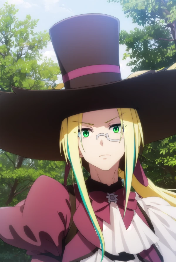 fruitofevolutionvitor, <lora:fruitofevolution vitor s2-lora-nochekaiser:1>,
vitor, long hair, blonde hair, (green eyes:1.3), ponytail, male focus, multicolored hair, glasses, makeup,
BREAK hat, pants, ascot, top hat, monocle,
BREAK outdoors, nature, forest, grass,
BREAK looking at viewer,
BREAK <lyco:GoodHands-beta2:1>, (masterpiece:1.2), best quality, high resolution, unity 8k wallpaper, (illustration:0.8), (beautiful detailed eyes:1.6), extremely detailed face, perfect lighting, extremely detailed CG, (perfect hands, perfect anatomy),