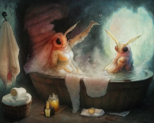 anthropomorphic moth women taking a bath in public hammam, warm lighting, pool, jacuzzi, foam and soap bubbles, fog, vapor, realistic, intricate detail, by Surikov, by Bob Eggleton