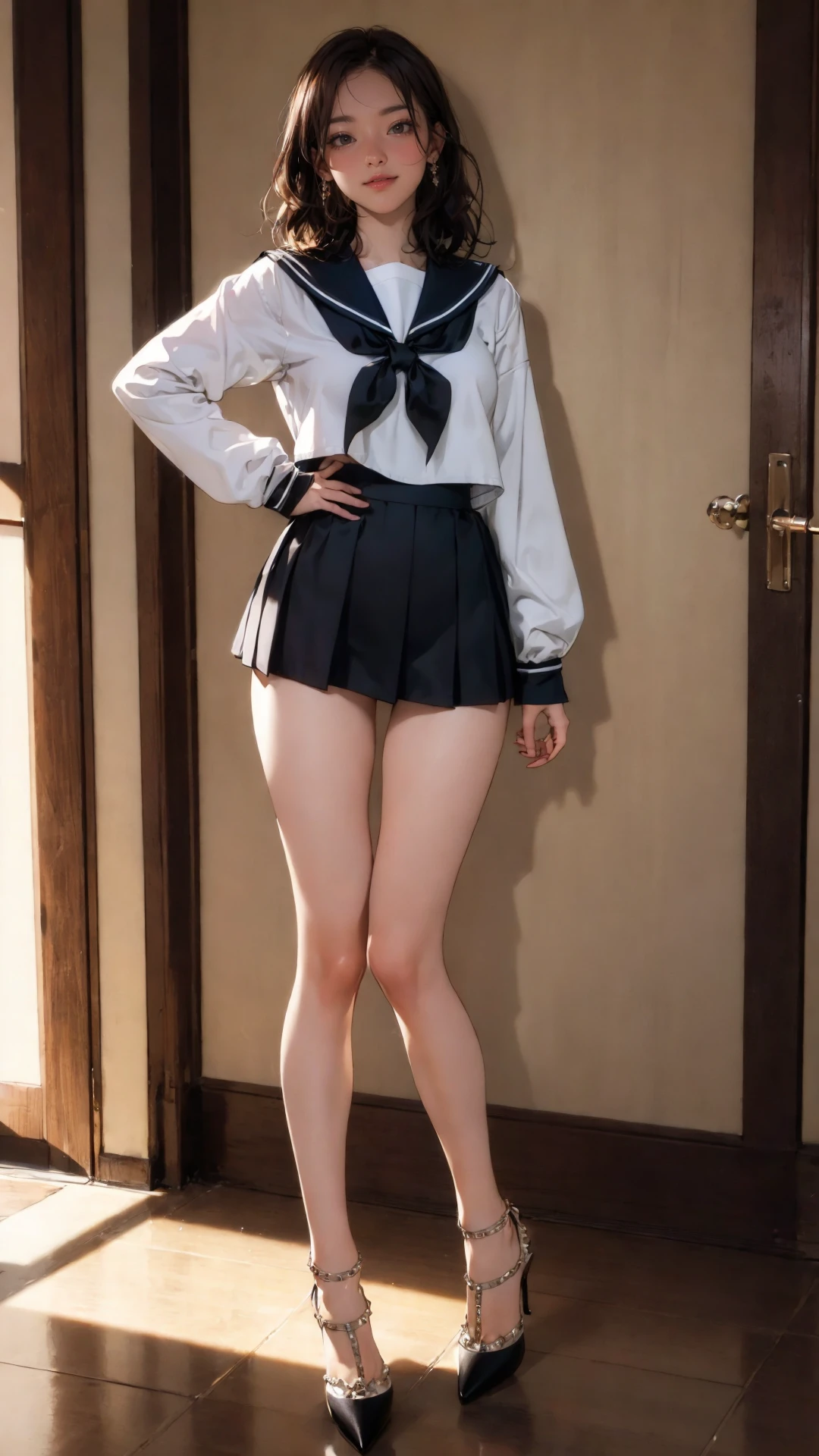 tutututu,high heels,
(Realistic),masterpiece,best quality,cinematic lighting,natural shadow,highest detail,looking at viewer,Point-of-View Shot,edgRenaissance,1girl,photo of a cute girl,light smile,charming,20yo,medium hair,wearing holy light edgRenaissance,Sequins,Inlay,Crochet,dynamic pose,
black school uniform,black serafuku,sailor collar,miniskirt,long sleeves,
<lora:merged_0020:0.9>,
