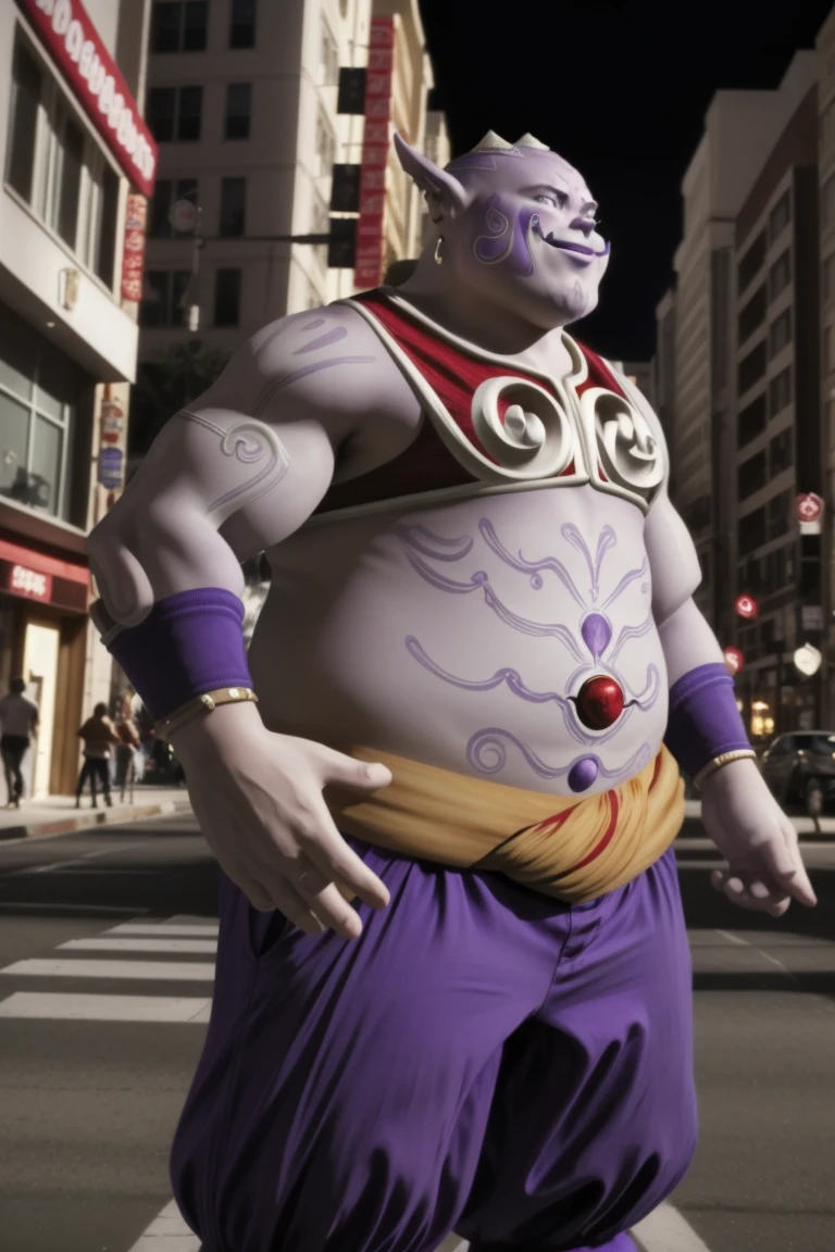 chubby man (jinbei) in street, (blue skin, blue skinned), muscular, pectoral, wide pectoral, beach, palm, realistic, 8k, masterpiece, (wearing shorts and shirtless, shoes)