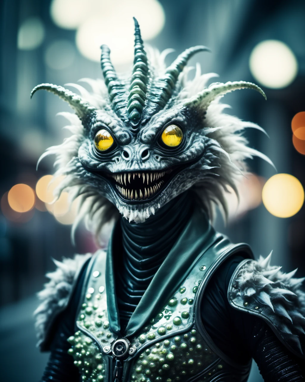desaturated, cinematic shot of an peculiar fluffy alien abomination, Fins, Transparent limbs,Regenerating, speckled alien skin,multiple pupils,elegant alien tunic made of Alien Skin Leatherlaughing facial expression, lips puckedexpressive alien creature, science fiction, cyberpunk, futuristic, fantasy, ((bright scene)), alien landscape, soft focus, cinematic lighting, imax, dslr, photography, bokeh
