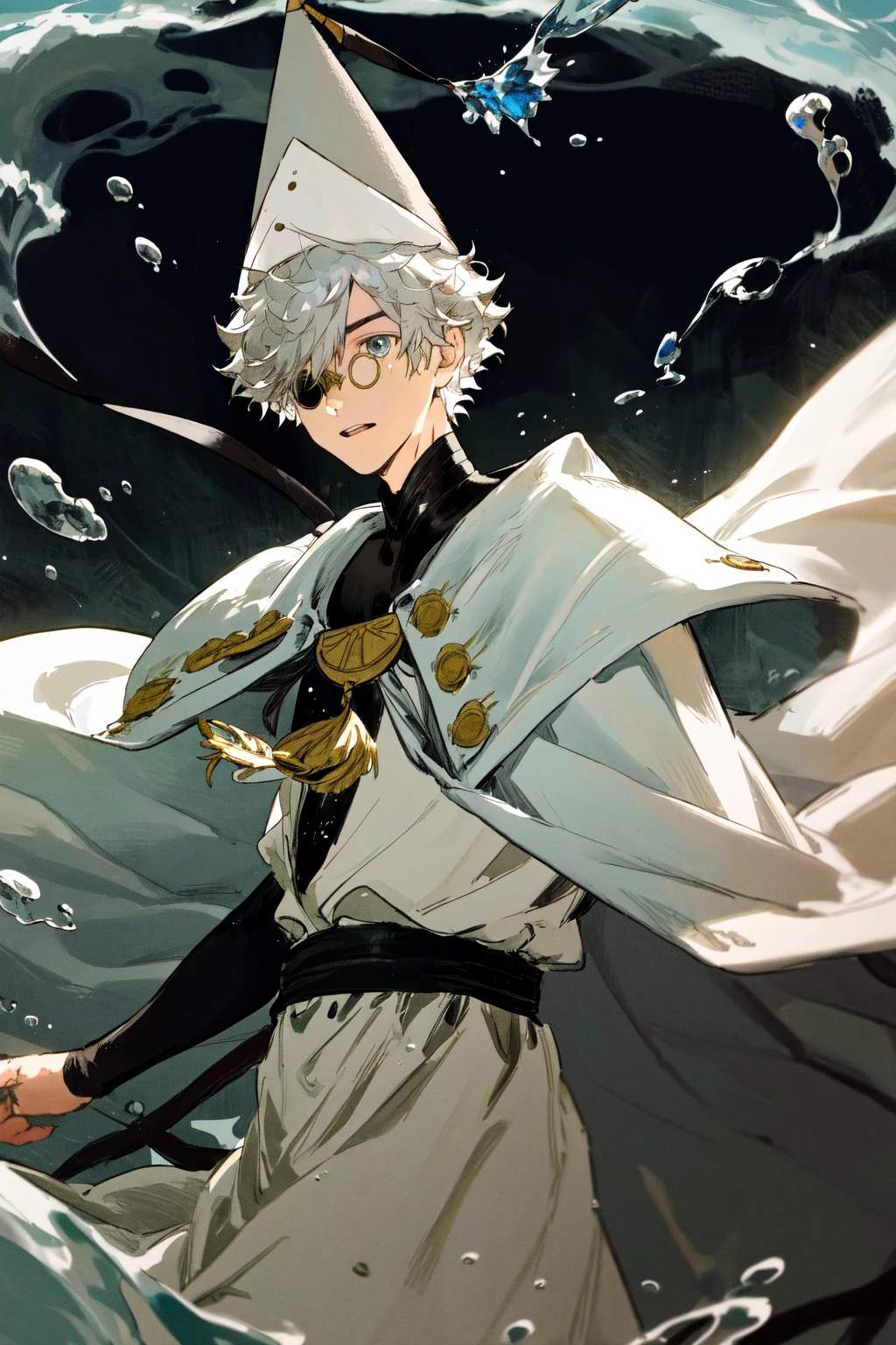 masterpiece, best quality, highres, 1boy glasses, hat, white cape white robe <lora:qifrey:1> from side, water drop, floating, splashing
