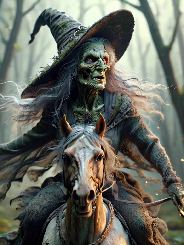 a witch riding a horse in a myhtical forrest, ral-wtchz <lora:ral-wtchz:0.8>