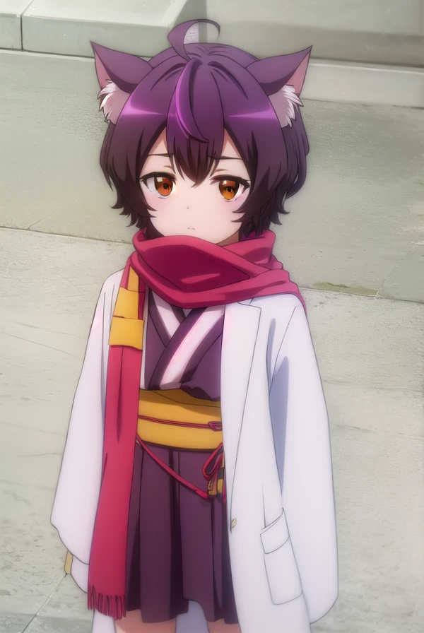 origacalmeria, <lora:origa calmeria s2-lora-nochekaiser:1>,
origa calmeria, short hair, purple hair, animal ears, (brown eyes:1.5), ahoge, cat ears, cat girl,
BREAK tail, japanese clothes, scarf, cat tail, sleeves past wrists, sleeves past fingers, labcoat, bandaged leg,
BREAK indoors,
BREAK looking at viewer, (cowboy shot:1.5),
BREAK <lyco:GoodHands-beta2:1>, (masterpiece:1.2), best quality, high resolution, unity 8k wallpaper, (illustration:0.8), (beautiful detailed eyes:1.6), extremely detailed face, perfect lighting, extremely detailed CG, (perfect hands, perfect anatomy),