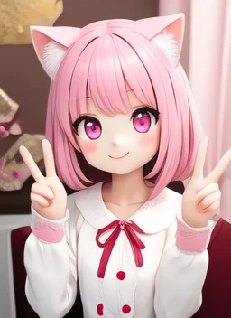 (masterpiece), (best quality), (extremely detailed), (1girl), solo, (pretty cute girl), looking at viewer, slender, smile, pink eyes, pink hair, cat girl, (black animal ears:2), (black tail:2), peace sign, (white long sleeves), (pink buttons short dress:2), pink kawaii room, pinky, heart item, red ribbon, standing, pink curtain, upper body, indoors, hands, fluffy, extremely detailed wallpaper, (parfect detail features), 8k, UHD, <lora:128_v1:1> unrealistic, hands,