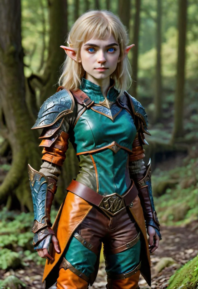 photo of pale (Age 19) female (halfling:1.75), flat chested, rectangle body shape, shaggy blonde, middle part, blue eyes, (F41Arm0rXL orange/green druidic leather armor and pants), homely, tiny, petite, thin, toned, lithe, full body, outdoors, HDR