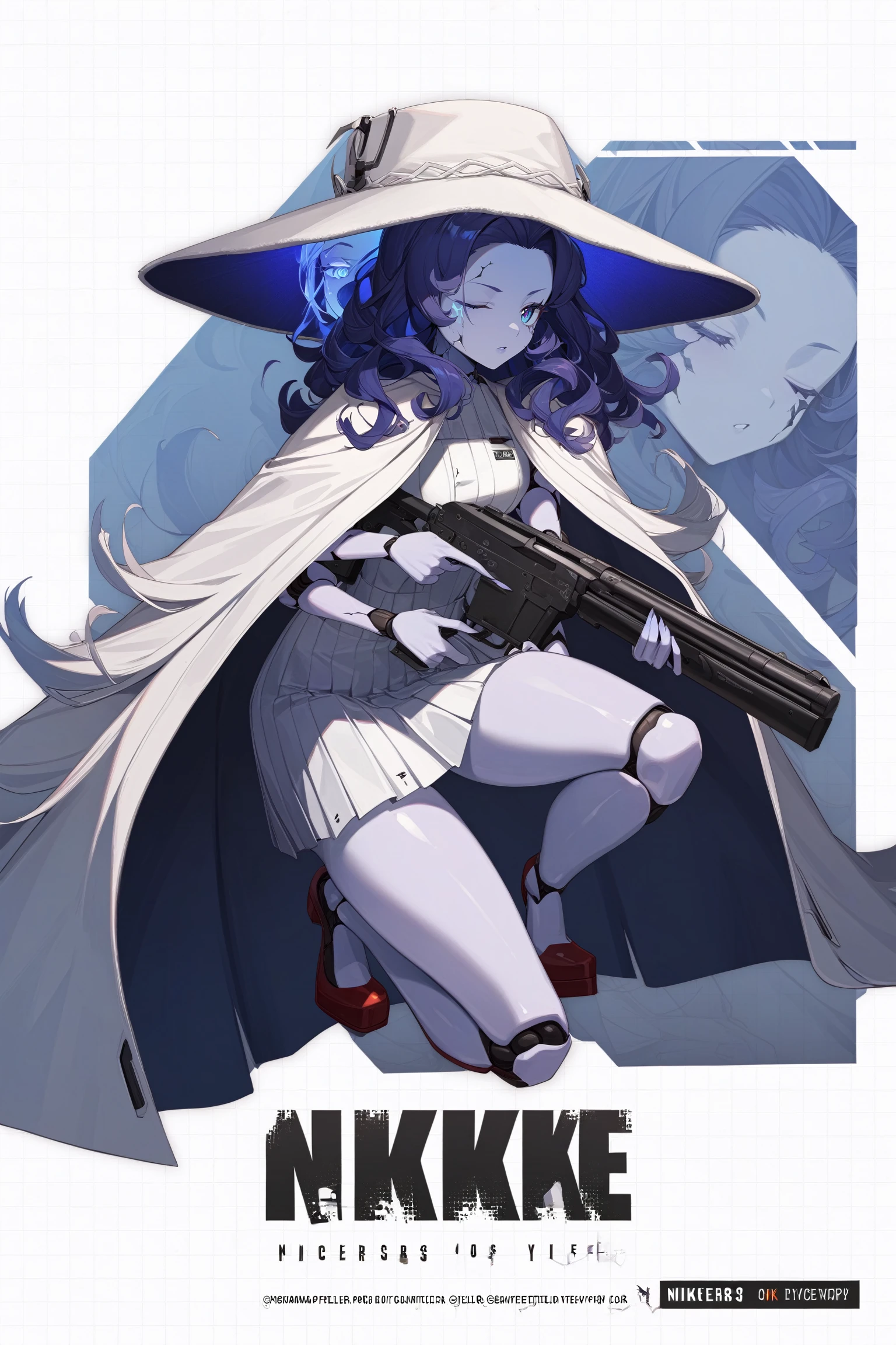 1girl, IncrsNikkeProfile, <lora:NikkeProfileXL:0.85>, full body, zoom layer, holding weapon, holding gun, one knee, IncrsXLRanni, wavy hair, cracked skin, blue skin, colored skin, extra arms, extra faces, doll joints, white dress, hat, cloak, <lora:RanniXLV2:1>, one eye closed,