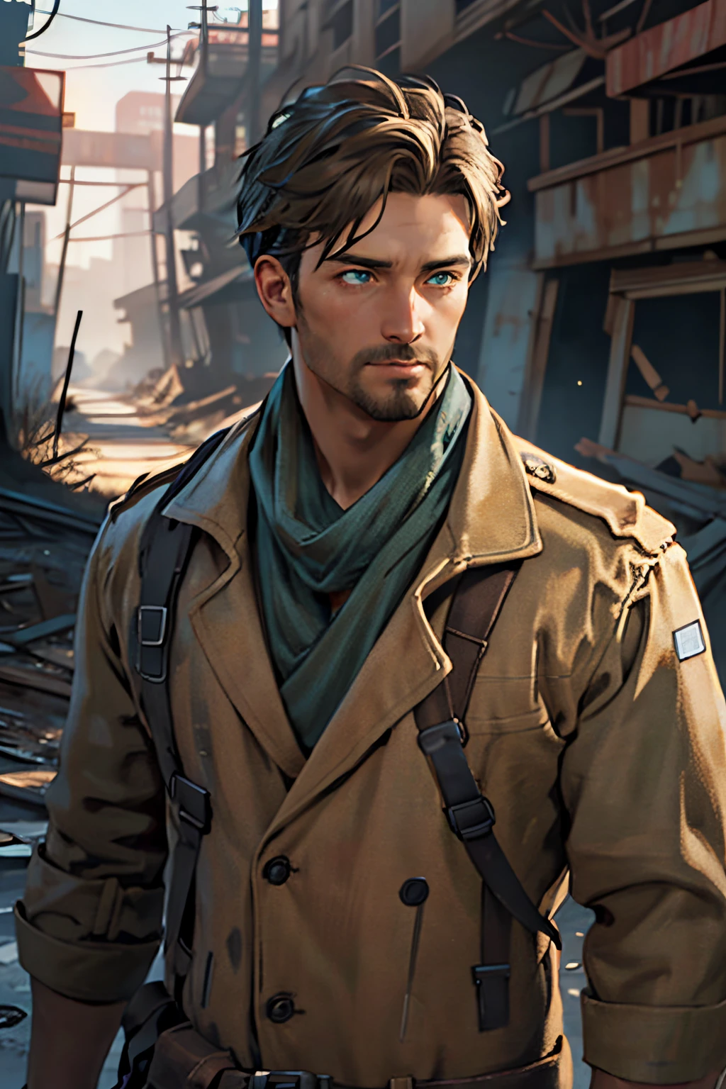 Robert MacCready,  blue eyes,  light brown hair,  facial hair,  tan duster coat,  ammo pouches,  long-sleeved,  white undershirt,  military green scarf,  military green pants,  fit body,  handsome,  charming,  alluring,  dashing,  intense gaze,  (standing),  (upper body in frame),  ruined overhead interstate,  Fallout 4 location,  post-apocalyptic ruins,  desolated landscape,  dark blue sky,  polarising filter,  perfect light,  only1 image,  perfect anatomy,  perfect proportions,  perfect perspective,  8k,  HQ,  (best quality:1.2,  hyperrealistic:1.2,  photorealistic:1.2,  madly detailed CG unity 8k wallpaper:1.5,  masterpiece:1.2,  madly detailed photo:1.2),  (hyper-realistic lifelike texture:1.2,  realistic eyes:1.2),  picture-perfect face,  perfect eye pupil,  detailed eyes,  realistic,  HD,  UHD,  (front view:1.2),  portrait,  looking outside frame,<lora:EMS-498-EMS:0.200000>,<lora:EMS-263369-EMS:0.400000>