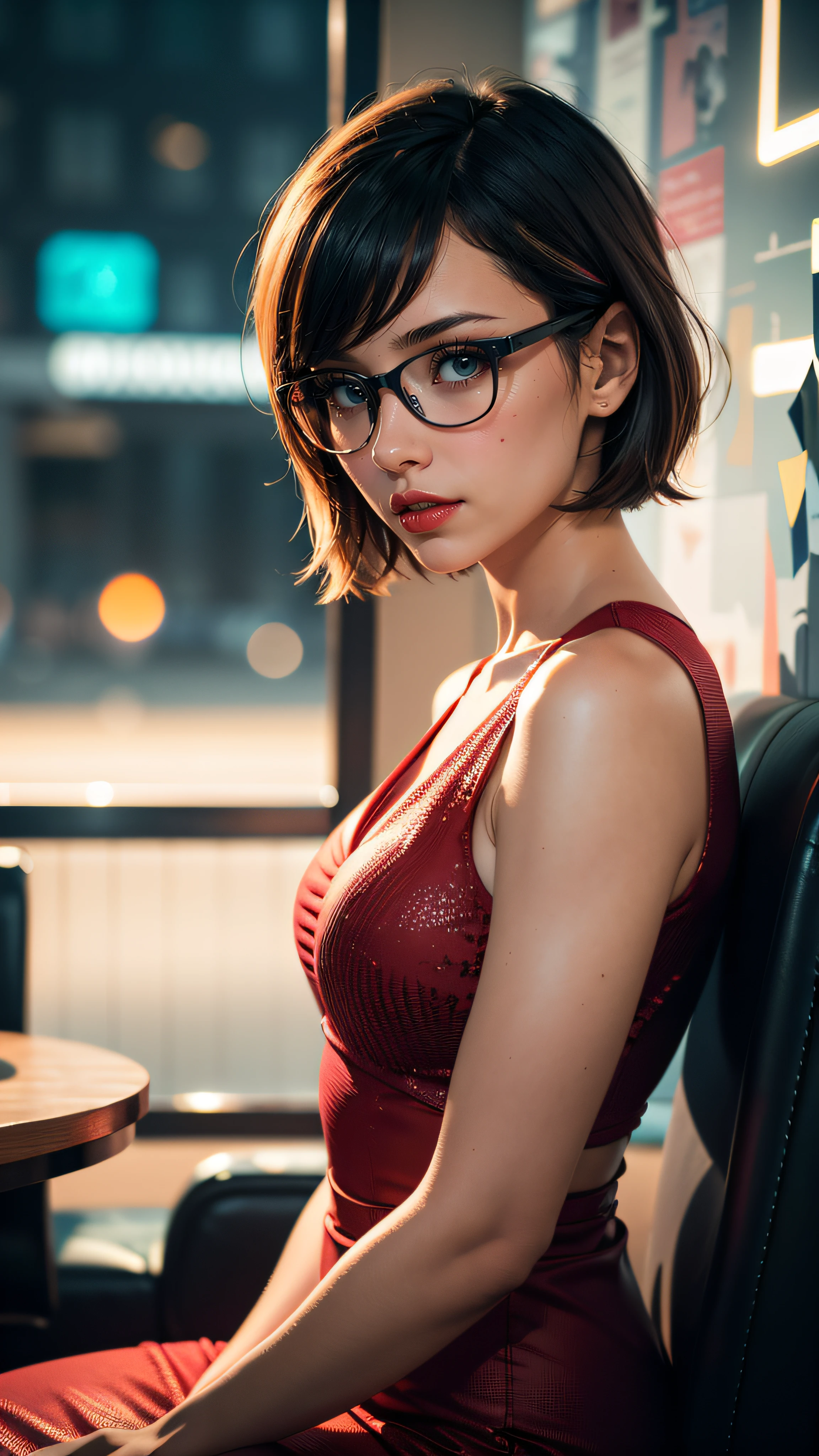 (masterpiece, best quality, highres:1.2), (photorealistic:1.2), (detailed light:1.2), (soft lighting, side lighting, reflected light), (colorful, dynamic angle), photo of a young, nerd woman, short hair, slender, red lips, wearing glasses, wearing red dress, sitting in a lounge café, cozy atmosphere, looking at the viewer, transparent fabric, flirting with the camera, bokeh, soft light passing through hair, (official art), (sharp), exposure blend, bokeh, (hdr:1.4), high contrast, (cinematic), (muted colors, dim colors, soothing tones:1.3)