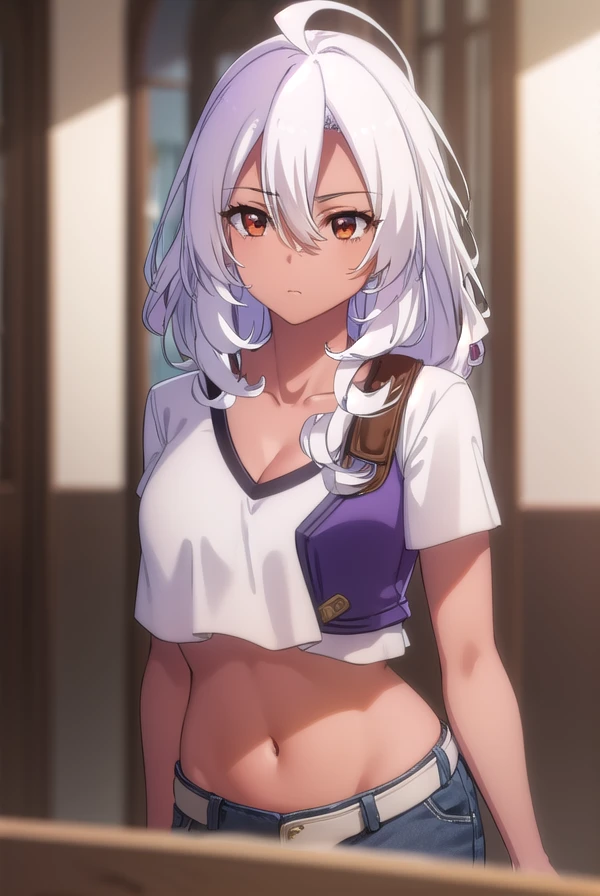 altriagrem, <lora:altria grem s2-lora-nochekaiser:1>,
altria grem, long hair, hair between eyes, (brown eyes:1.3), ahoge, white hair, dark skin, dark-skinned female,
BREAK shirt, navel, cleavage, collarbone, white shirt, midriff, belt, pants, dark skin, dark-skinned female, crop top, denim,
BREAK indoors, classroom,
BREAK looking at viewer, ()
BREAK <lyco:GoodHands-beta2:1>, (masterpiece:1.2), best quality, high resolution, unity 8k wallpaper, (illustration:0.8), (beautiful detailed eyes:1.6), extremely detailed face, perfect lighting, extremely detailed CG, (perfect hands, perfect anatomy),