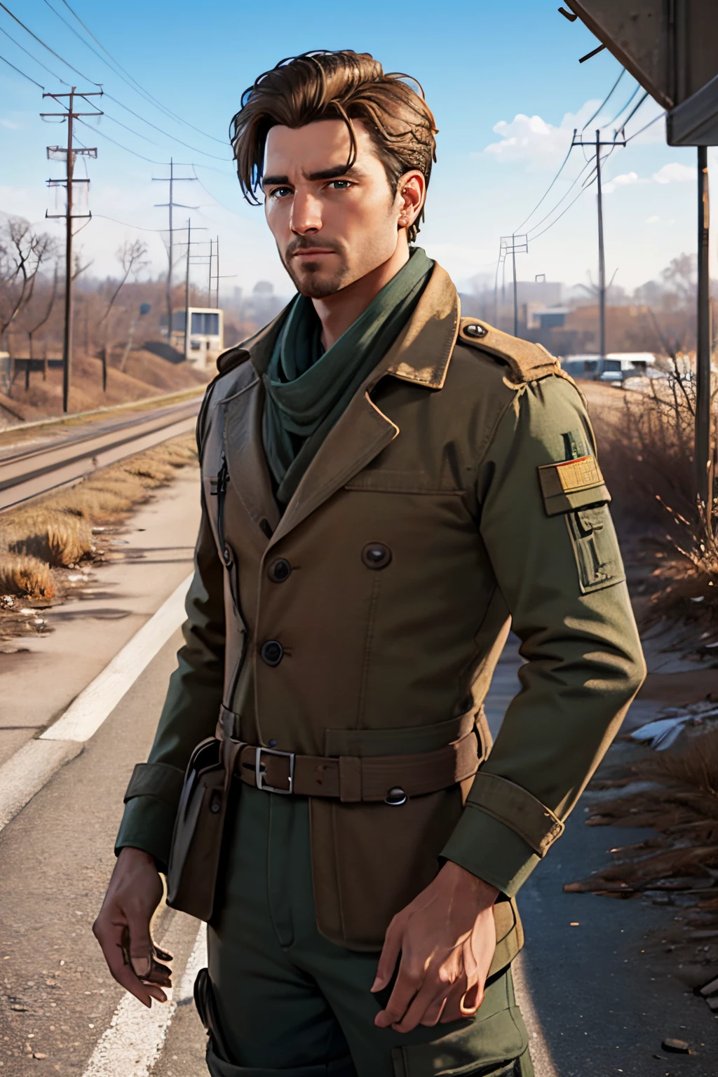 Robert MacCready,  blue eyes,  light brown hair,  facial hair,  tan duster coat,  ammo pouches,  long-sleeved,  white undershirt,  military green scarf,  military green pants,  fit body,  handsome,  charming,  alluring,  dashing,  intense gaze,  (standing),  (upper body in frame),  ruined overhead interstate,  Fallout 4 location,  post-apocalyptic ruins,  desolated landscape,  dark blue sky,  polarising filter,  perfect light,  only1 image,  perfect anatomy,  perfect proportions,  perfect perspective,  8k,  HQ,  (best quality:1.5,  hyperrealistic:1.5,  photorealistic:1.4,  madly detailed CG unity 8k wallpaper:1.5,  masterpiece:1.3,  madly detailed photo:1.2),  (hyper-realistic lifelike texture:1.4,  realistic eyes:1.2),  picture-perfect face,  perfect eye pupil,  detailed eyes,  realistic,  HD,  UHD,  (front view:1.2),  portrait,  looking outside frame,<lora:EMS-263369-EMS:0.400000>,<lora:EMS-498-EMS:0.200000>