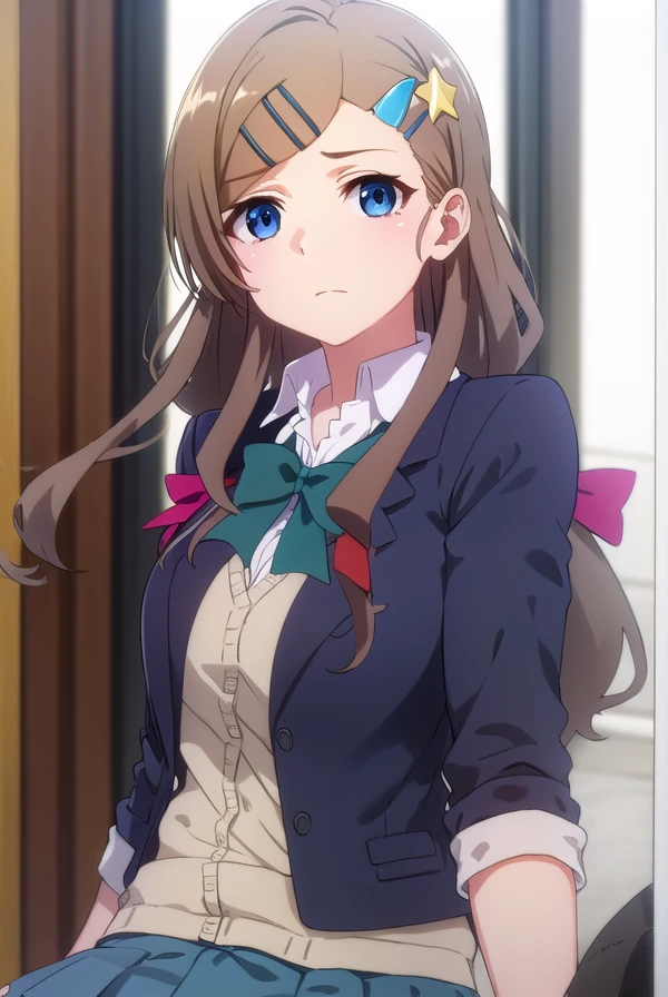 airiseto, <lora:airi seto s2-lora-nochekaiser:1>,
airi seto, long hair, blue eyes, brown hair, hair ornament, very long hair, hairclip, star \(symbol\), star hair ornament,
BREAK skirt, bow, school uniform, jacket, cardigan, blue skirt, (red jacket:1.2),
BREAK indoors, classroom,
BREAK looking at viewer, ()
BREAK <lyco:GoodHands-beta2:1>, (masterpiece:1.2), best quality, high resolution, unity 8k wallpaper, (illustration:0.8), (beautiful detailed eyes:1.6), extremely detailed face, perfect lighting, extremely detailed CG, (perfect hands, perfect anatomy),