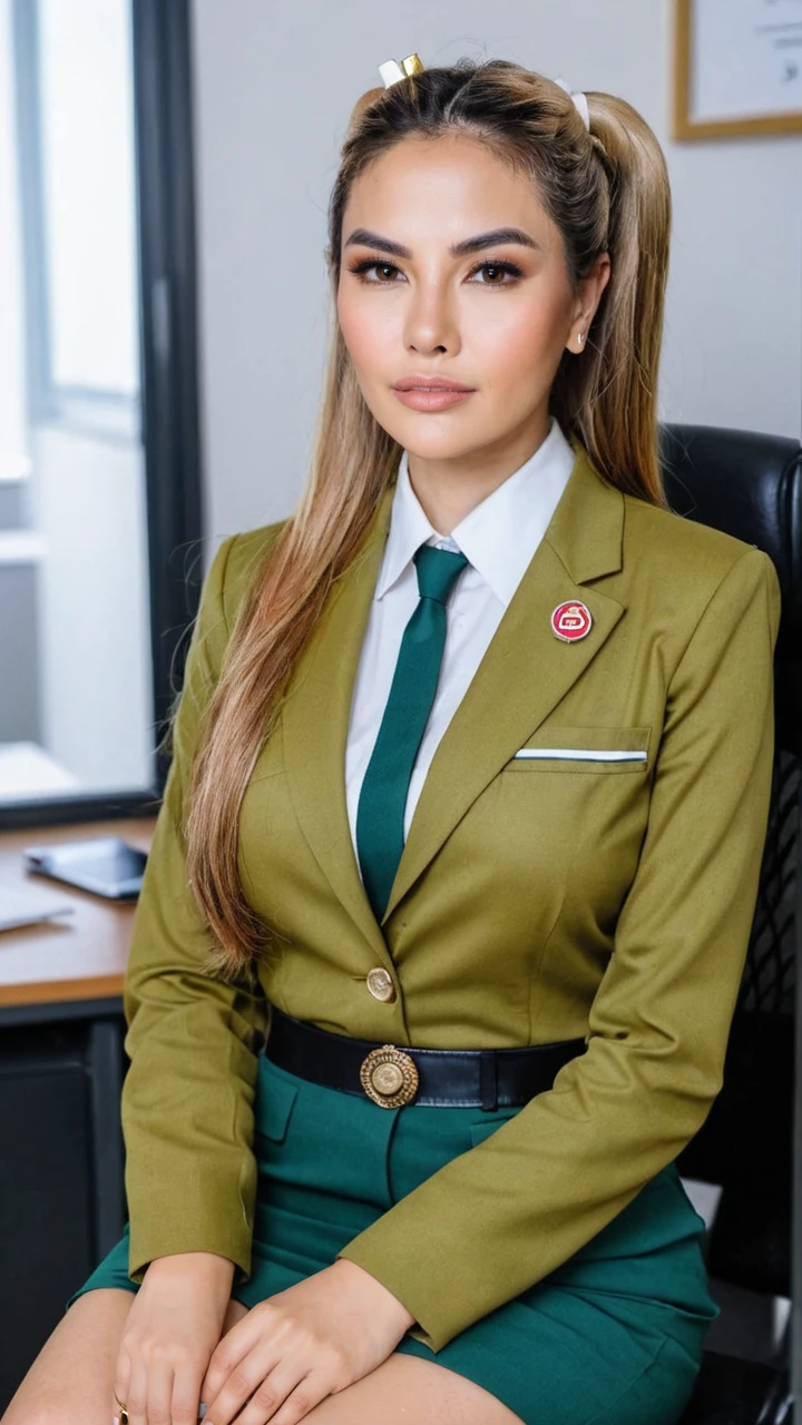Illustrate a white woman captain of the Brazilian army, a medical doctor in the infantry., she has brown hair and it is tied up, she is wearing a green olive sergeant uniform of the Brazilian Army, she is sitting in an office in a chair and in the background there is a Brazilian flag and an integralist flag and several books
