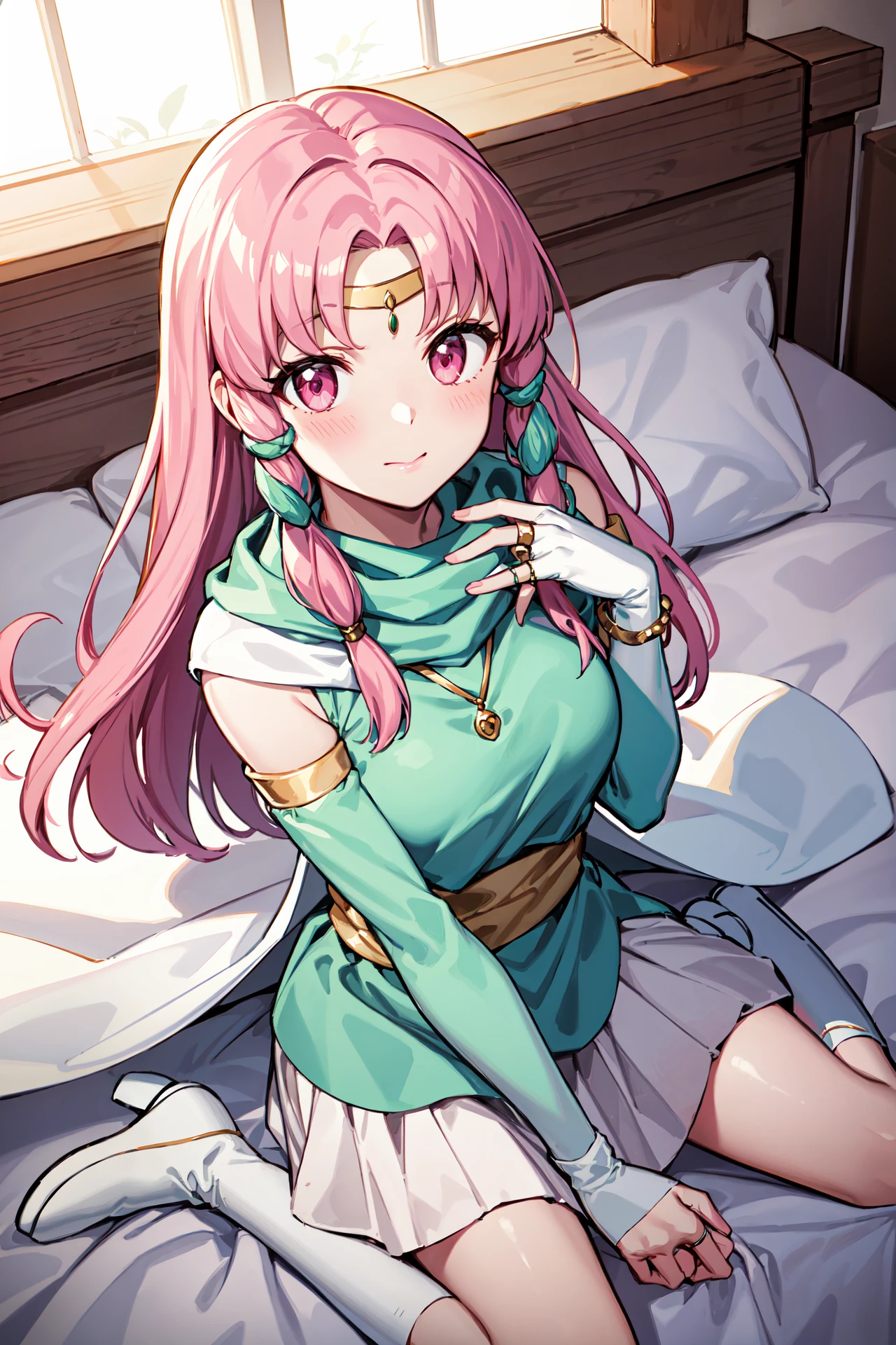 wariza, on bed,blush,from above,<lora:linoanV1:0.85>,linoan, (white long skirt:1.1),pink eyes,circlet,cape,closed mouth, dress,,green shirt, jewelry,elbow gloves, bracelet, white boots,, fingerless gloves, bridal gauntlets, detached sleeves, white cape, looking at viewer,indoors,castle,(masterpiece, best quality, ultra-detailed, best shadow)