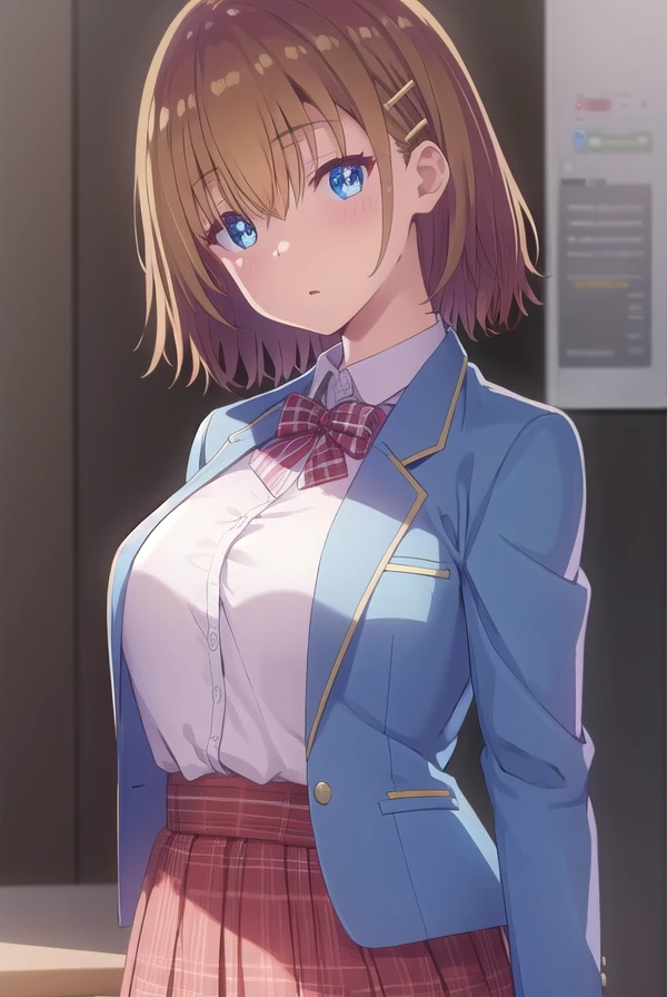 NSFW,(One girl:1.5),sd1、Charlotte Dunois、ponytail、uniform、skirt、Hair Ribbon、belt、Long sleeve,(Perfect hands),(Perfect Anatomy),(masterpiece),(highest quality),(Surprised face:1.5),Embarrassed,blush,locker room,locker,(Changing clothes:1.5)