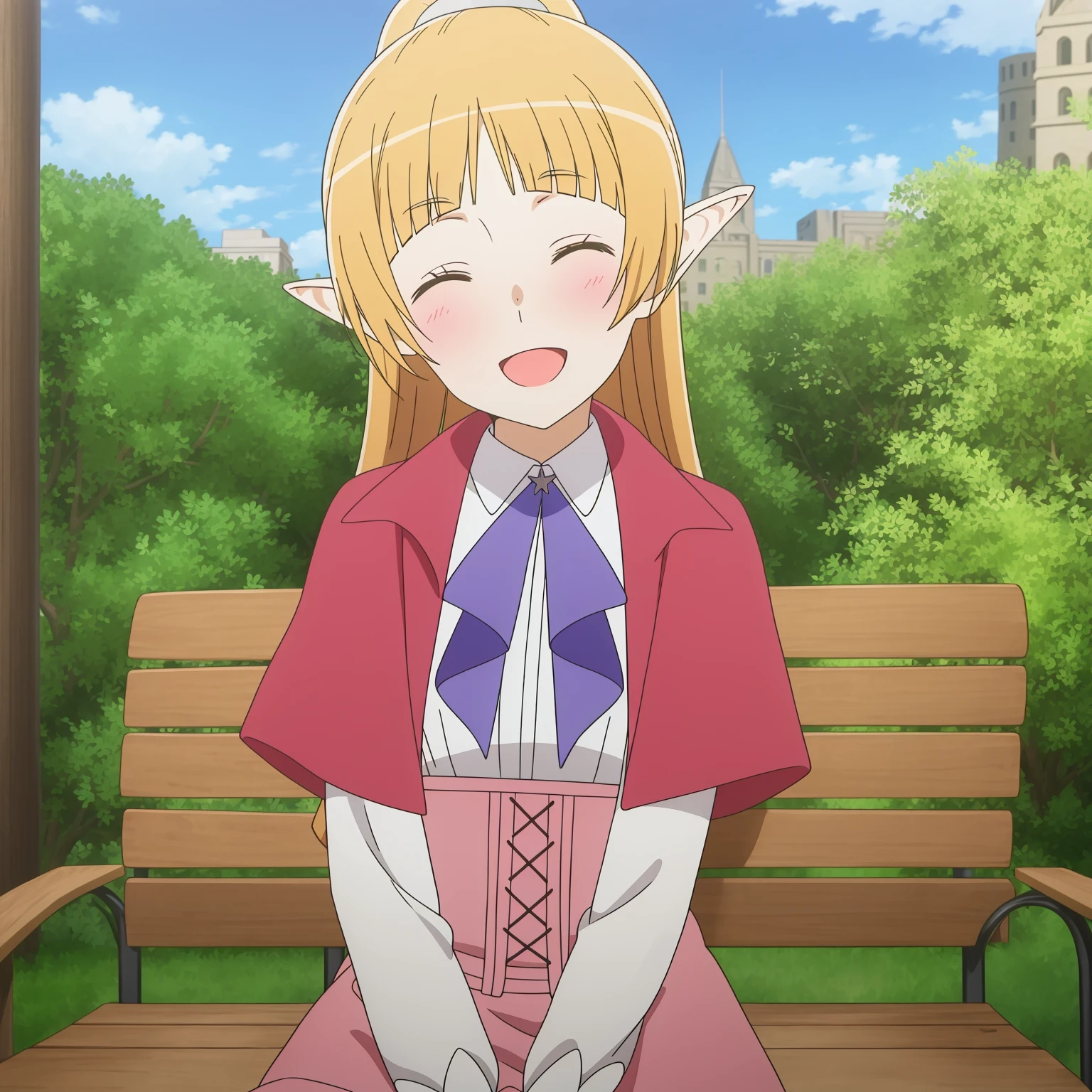 Lefiya,normal suit,solo,looking at viewer,closed eyes,head tilt,light blush,:d,v arms,upper body,sitting,on bench,outdoors,park,sidelocks,