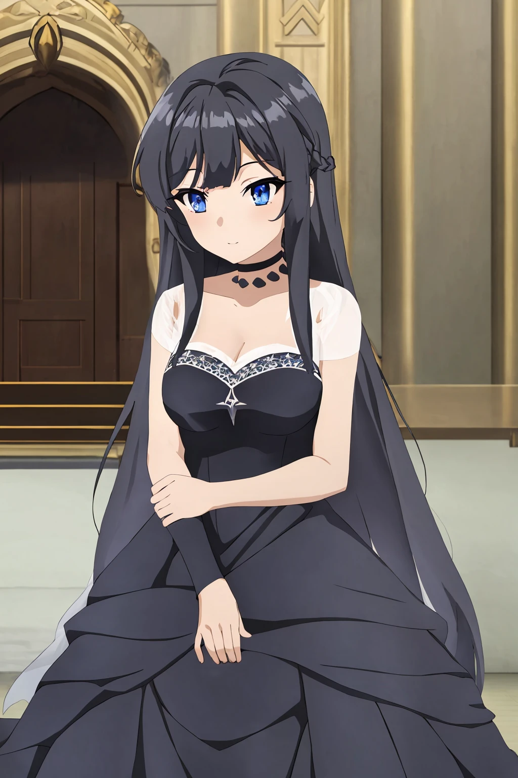 sysdeep_mai, 1girl, solo, long_hair, blue_eyes, black_hair, princess_dress, indoor, standing, castle