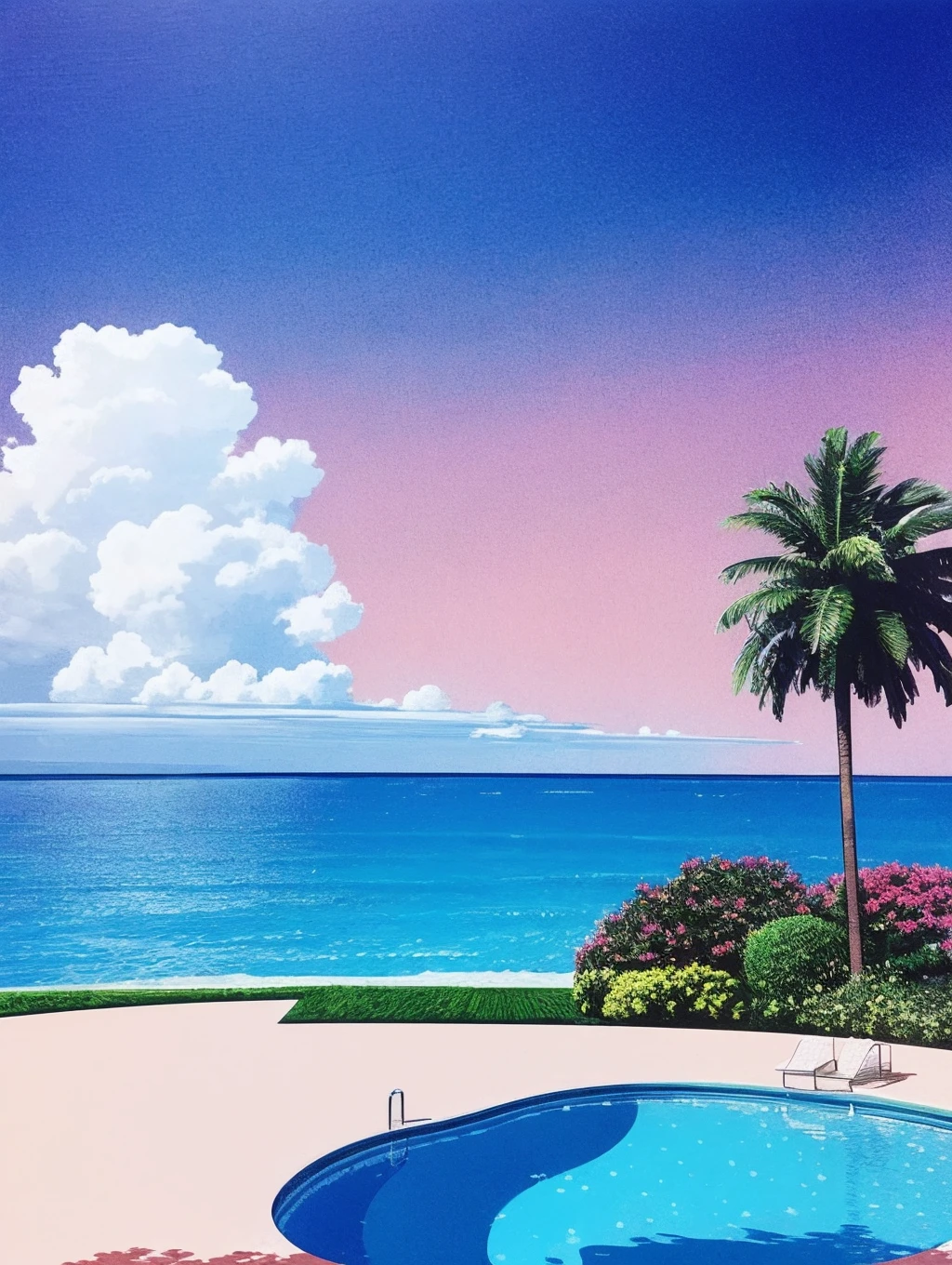 best quality,masterpiece,ultra high res,
HiroshiNagai,sky,in summer,<lora:HiroshiNagai_b:0.8>,beach,coconut tree,pool,building,