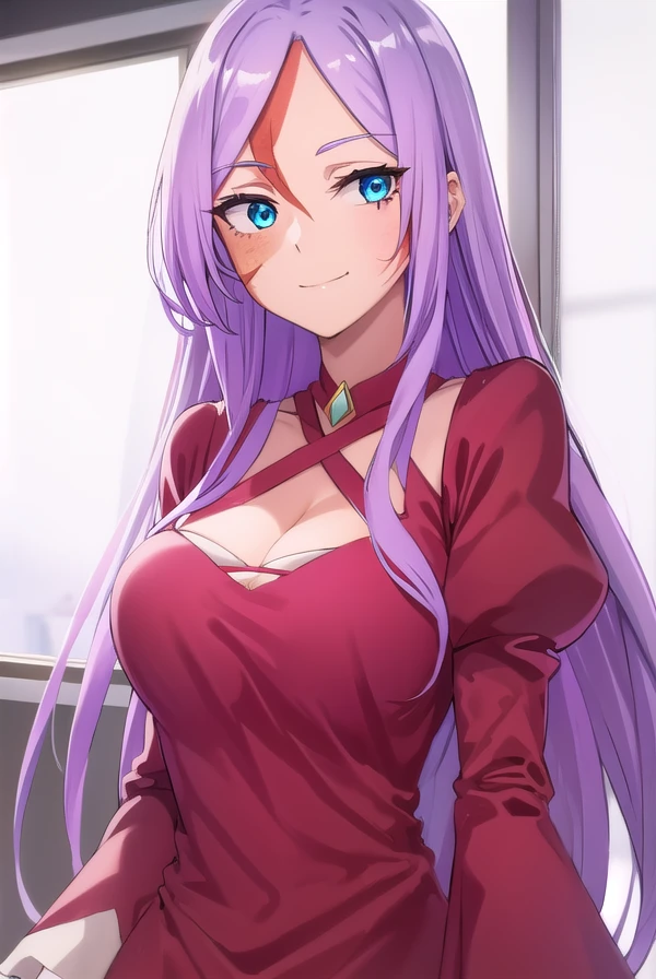angurea, <lora:angurea s2-lora-nochekaiser:1>,
angurea, long hair, very long hair, purple hair, blue eyes, (scar:1.5), (parted bangs:1.5), smile, grin,
BREAK gloves, dress, cleavage, black gloves, red dress, long sleeves, puffy sleeves,
BREAK indoors, classroom,
BREAK looking at viewer,
BREAK <lyco:GoodHands-beta2:1>, (masterpiece:1.2), best quality, high resolution, unity 8k wallpaper, (illustration:0.8), (beautiful detailed eyes:1.6), extremely detailed face, perfect lighting, extremely detailed CG, (perfect hands, perfect anatomy),