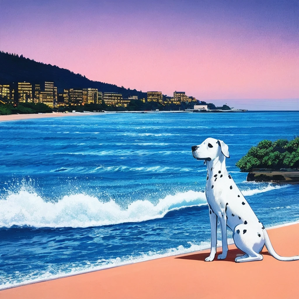 best quality,masterpiece,ultra high res,
HiroshiNagai,ocean,in summer,<lora:HiroshiNagai_b:0.8>,night view,sunset,lights,city skylin,a dalmatian standing on the beach,
