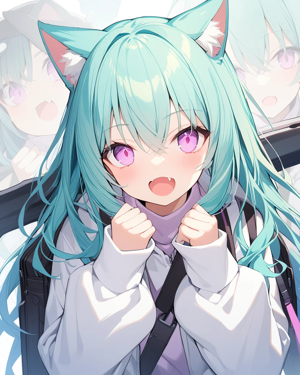 1girl,solo,long hair,looking at viewer,open mouth,bangs,aqua hair,white background,hair between eyes,purple eyes,upper body,:d,fang,pink eyes,hands up,white jacket,cat ears,puffy long sleeves,zoom layer,weapon on back,
masterpiece, best quality