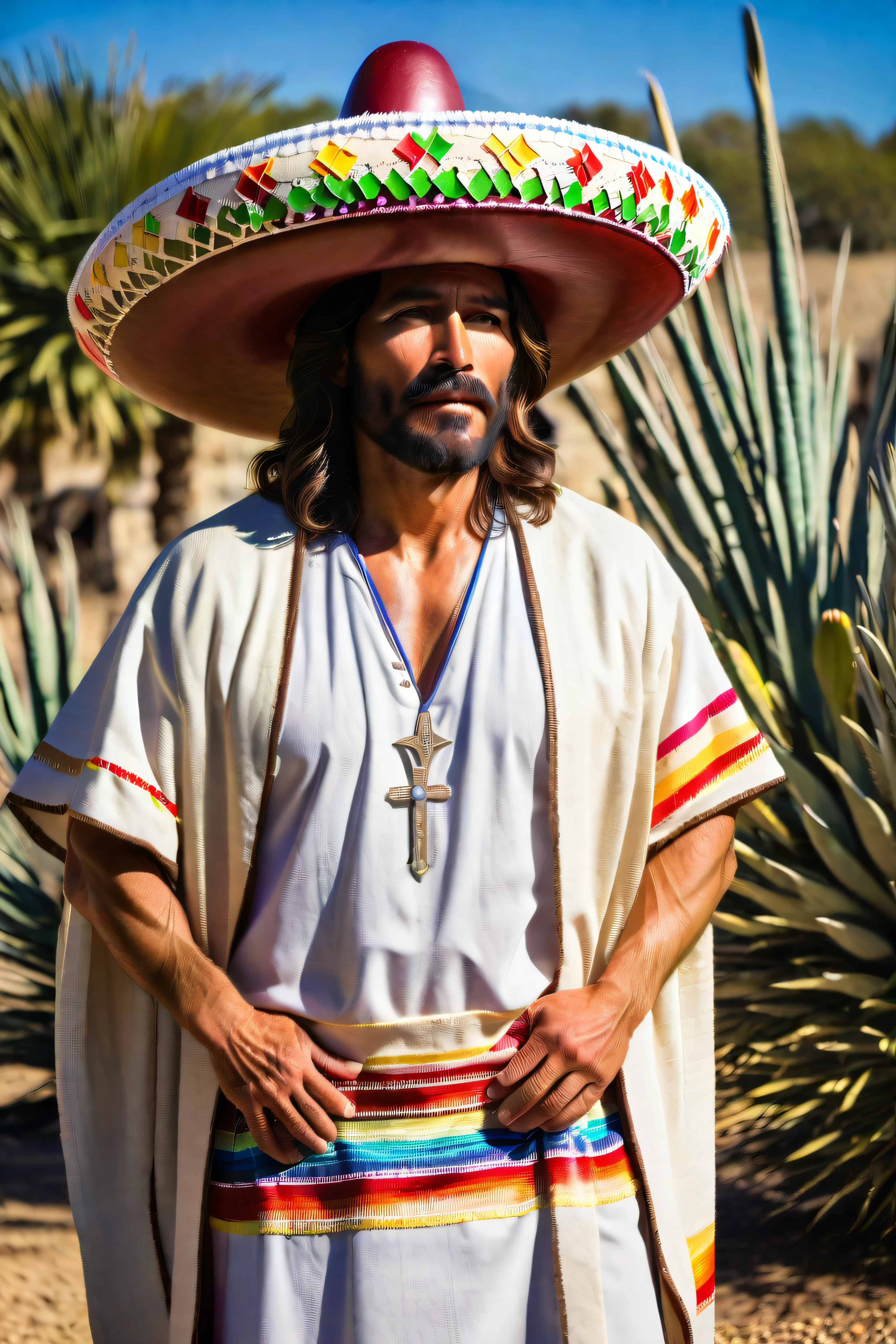 Jesus of nazareth wearing a large sombrero, best quality:1, award winning photo, natural lighting,