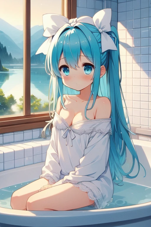 (((masterpiece))),  (((best quality))),  ((bathroom window)),  ((from side)),  looking outside,  sitting on bathtub filled with water,  towel wrap body,  curtain,  white tile wall,  ribbon,  cyan longhair,  off shoulder,  collarbone,  cleavage,  big tits,  shy,  blush,  bare thighs,<lora:EMS-263612-EMS:1.000000>