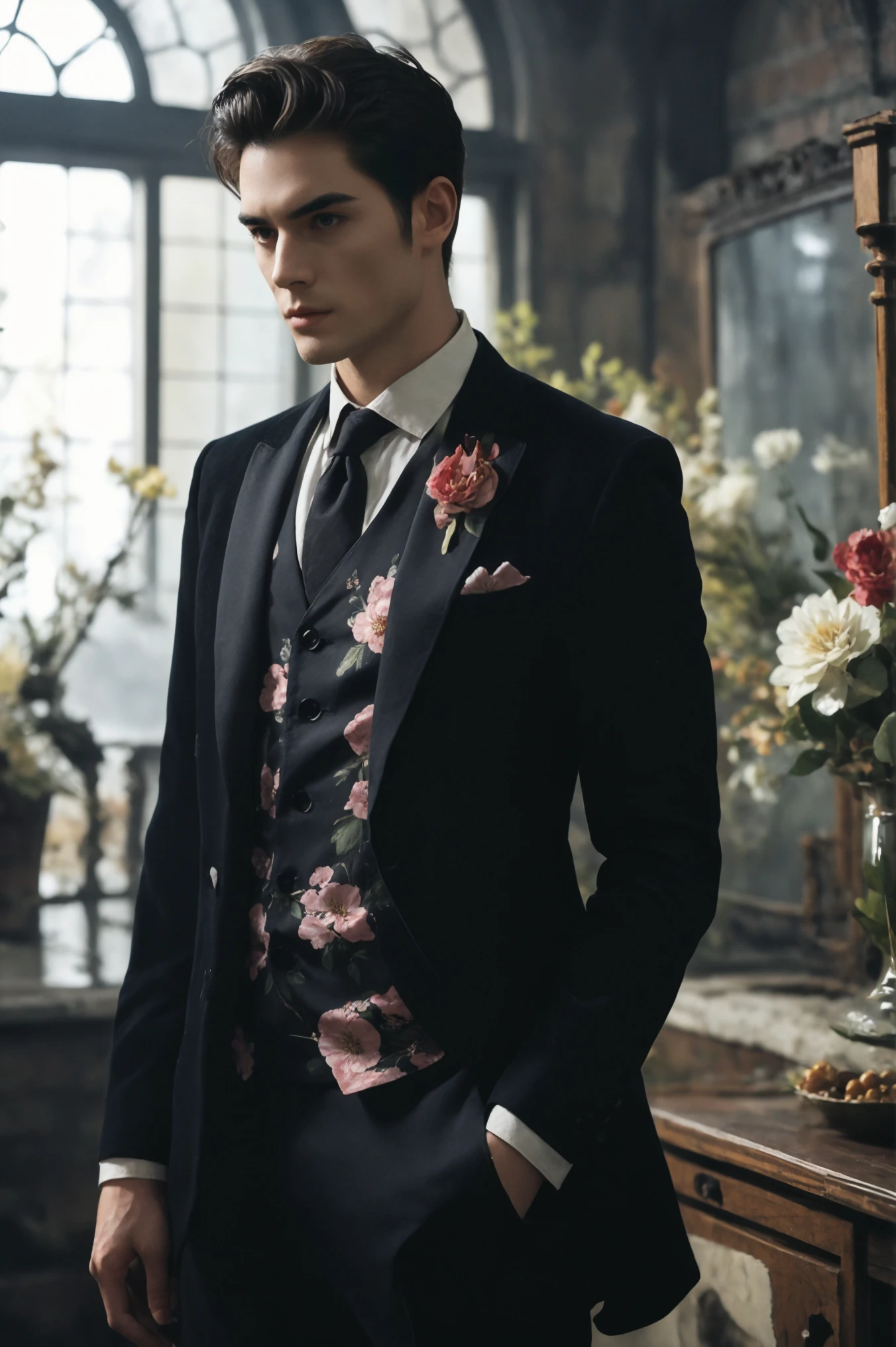 a man,wearing floral clothes,