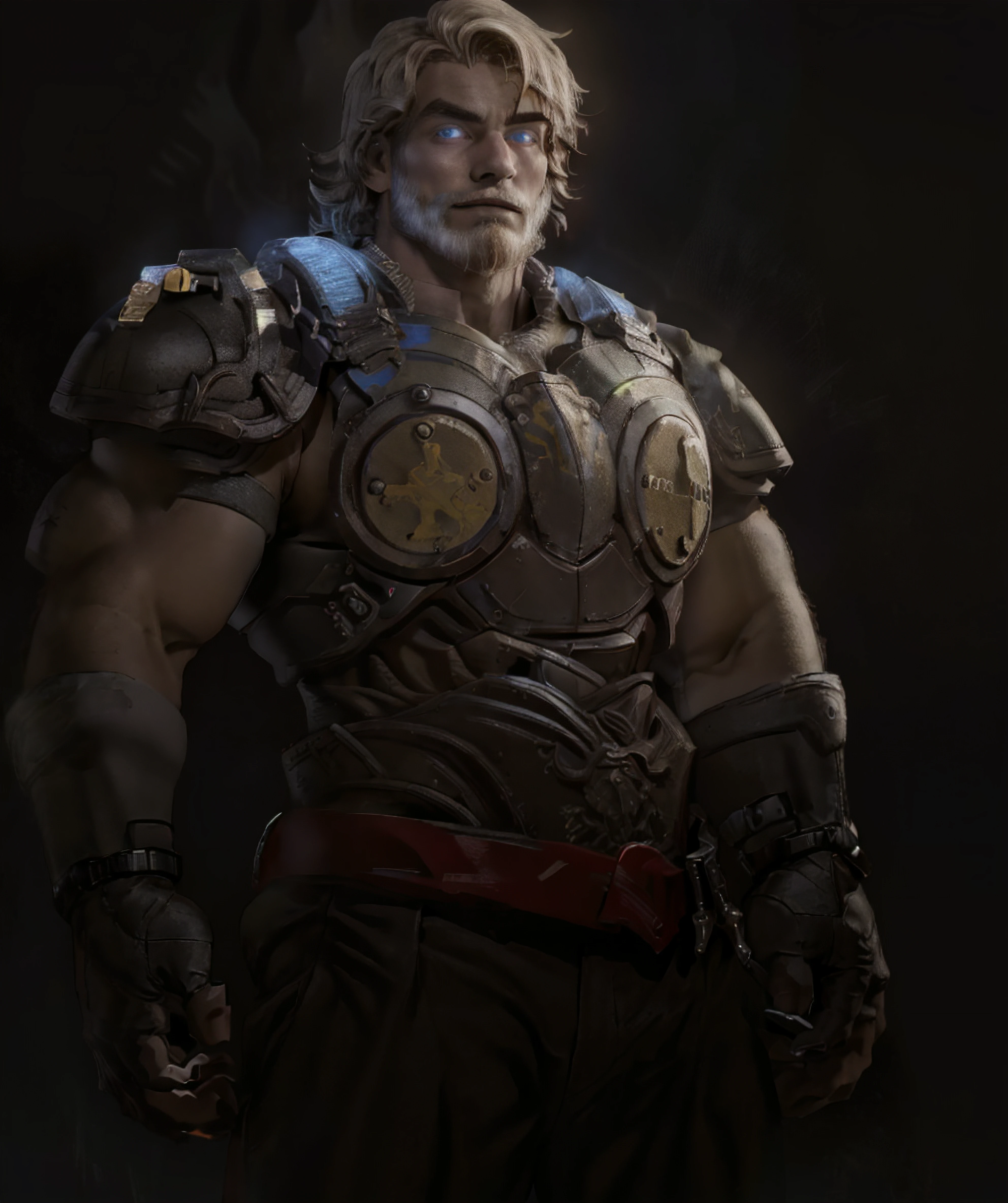 eggnog_cookie, muscular male, (cogarmor2023, armor, blue eyes, beard), (standing, close up, looking at viewer), solid black background <lora:Eggnog_Cookie:0.85> <lora:cogarmor2023:1>