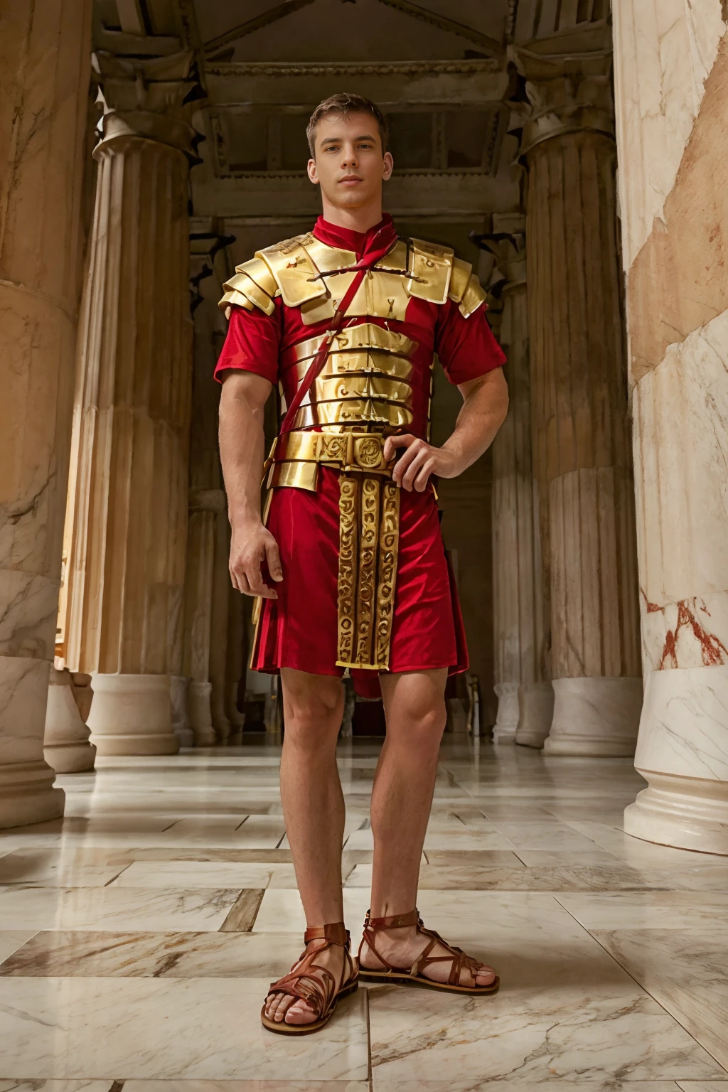 standing in the Parthenon, marble floor, CFRocky, wearing loriseg armor, (red tunic), (red shirt), (sandals), ((full body portrait)), wide angle <lora:CFRocky:0.85>  <lora:LoricaSegmentataRomanLegionary_V2-E10:0.70>