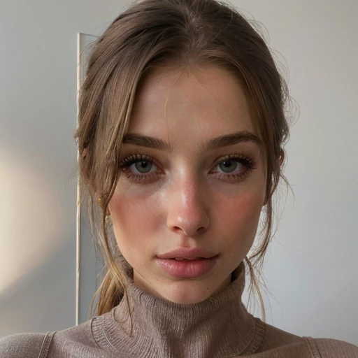 <lora:kiciame_sd15_512_128_64_v1:1> 1girl solo looking at viewer wearing a turtleneck sweater epiCRealism