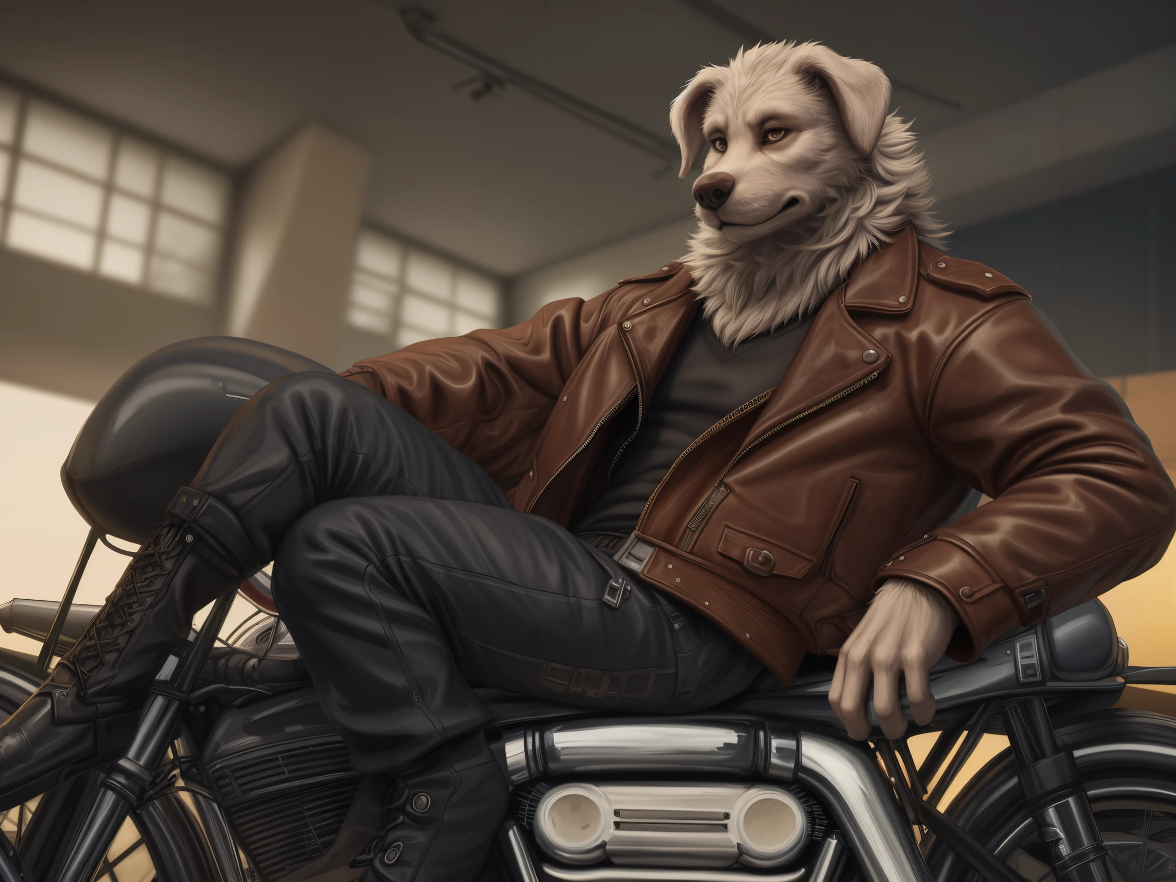 close-up, clothed white old dog with brown hairy, fluffy fur, floppy ears, neck tuft, with leather jacket, pants, boots, sitting on a motorcycle, masterpiece, 8k, hi-res, highest quailty <lora:Furtastic_Detailer:-0.8>
