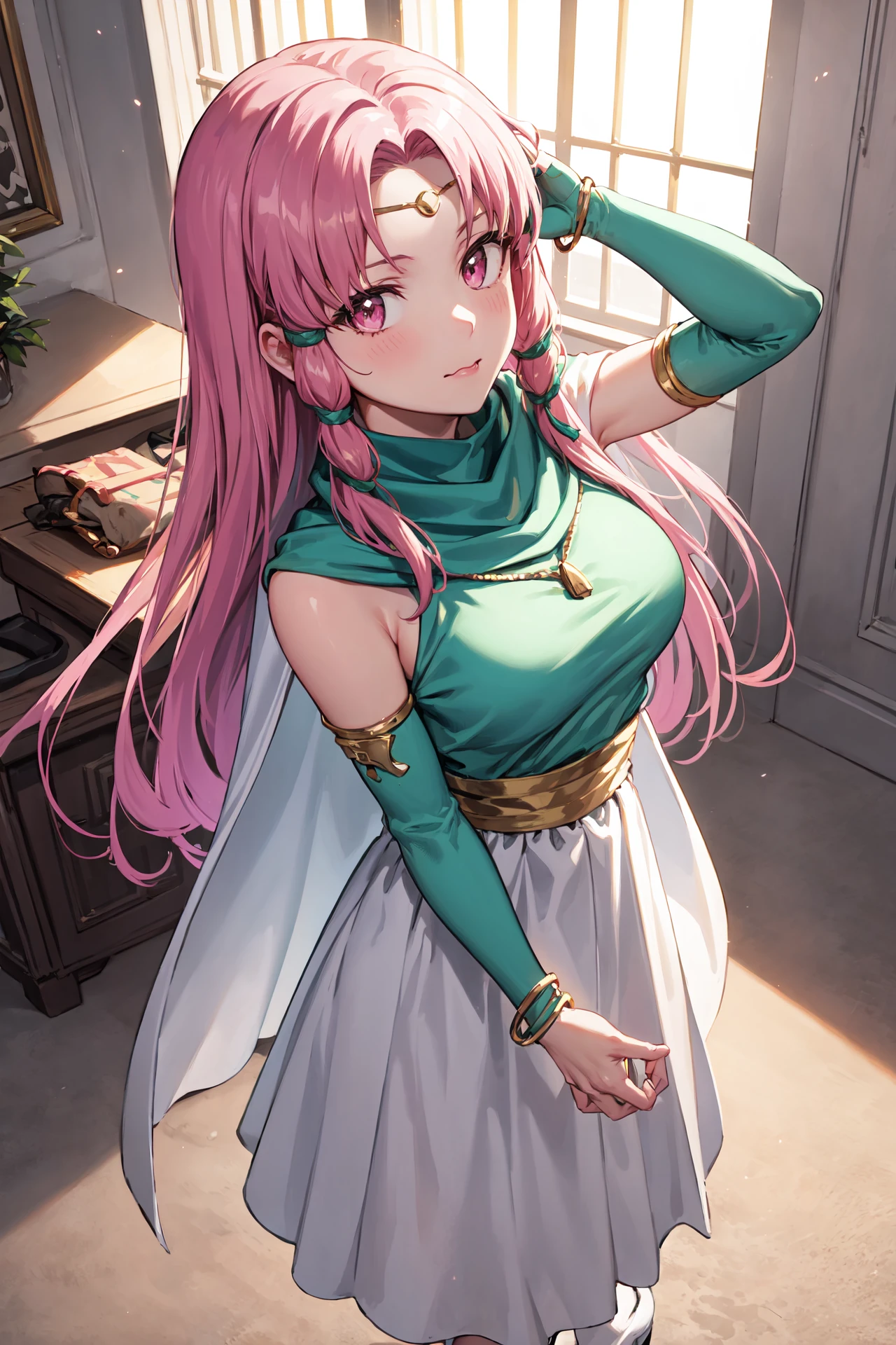 arms behind her head,from above,wavy mouth,<lora:linoanV1:0.85>,linoan, (white long skirt:1.1),pink eyes,circlet,cape,closed mouth, dress,,green shirt, jewelry,elbow gloves, bracelet, white boots,, fingerless gloves, bridal gauntlets, detached sleeves, white cape, looking at viewer,indoors,castle,(masterpiece, best quality, ultra-detailed, best shadow)