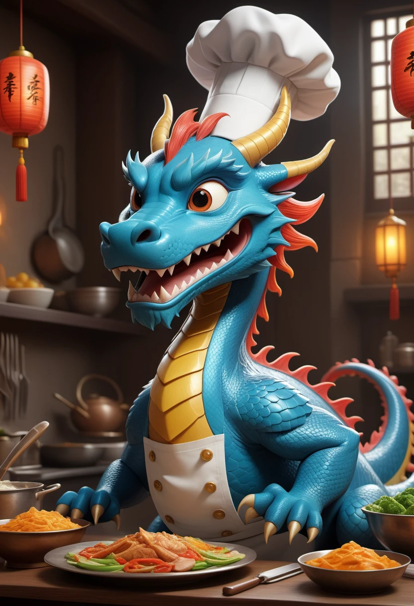 ((pixar)) disney cartoon of (a chinese dragon as a chef), symmetrical, chromatic fantasy, highly detailed, 8k, digital painting, oil painting, illustration, concept art, sharp focus, volumetric lighting, epic Composition, cgsociety, artstation