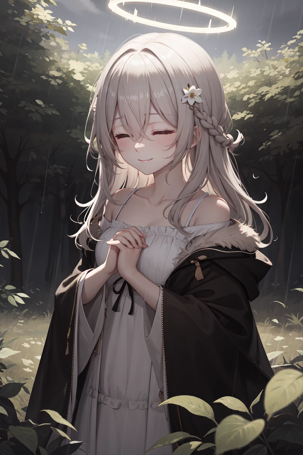 (masterpiece,best quality:1.4),(ultra-detailed,highres:1.2),wallpaper,perfect anatomy,pixiv id,colorful,
outdoor,nature,sunshine,forest,plant,leaf,tree,flower,(rain,overcast),
1girl,solo,collarbone,smile,from side,
praying,own hands together,hands on own chest,own hands clasped,
(beautiful hair,bangs,hair between eyes),(looking at viewer),(bright pupils,detailed pupils,beautiful pupils,glint:0),closed eyes,
<lora:cecilia_laporta_arknights_2:1>,cecilia laporta,halo,