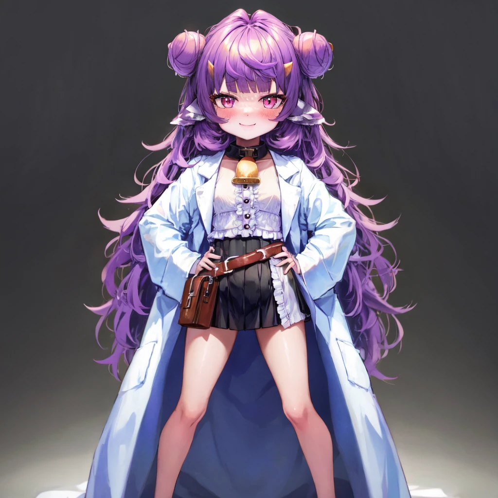 sfw, (masterpiece), (best quality:1.0), (ultra highres:1.0), detailed eyes, good lighting, good hands, perfect hands, <lora:GoodHands-beta2:1.0> <lora:detailed_eye:0.7> BREAK
muyu, 1girl, solo, very long hair, purple hair, double bun, animal ears, horns. pink eyes, cow tail, small breasts, neck bell, labcoat, black skirt, white shirt, frills, open clothes, belt, full body BREAK
hands on hips, smiling, blush
<lora:Muyu-04:0.7>