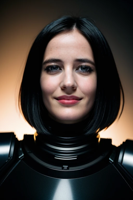 RAW photo of wo_evagreen01,  wearing high-tech armor,  in deep space,  closeup portrait,  smile,  short black bob hair,  (high detailed skin:1.2),  8k uhd,  dslr,  soft lighting,  high quality,  film grain,  Fujifilm XT3,<lora:woEvaGreen01Merged:0.850000>