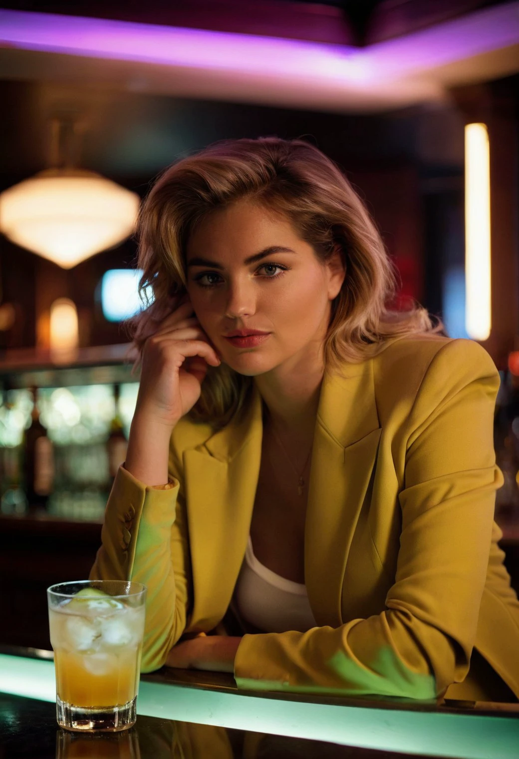 cinematic film still <lora:KateUpton_SDXL_v1.0:1>
3/4 body photography, bar lighting, cool tones, ohwx woman leaning on indoor bar counter, pensive expression lost in thought while nursing drink, reflective mood, low profile lighting, 1/60, f/2.2, ISO 800, blazer and blouse, by Bruce Weber
. shallow depth of field, vignette, highly detailed, high budget, bokeh, cinemascope, moody, epic, gorgeous, film grain, grainy