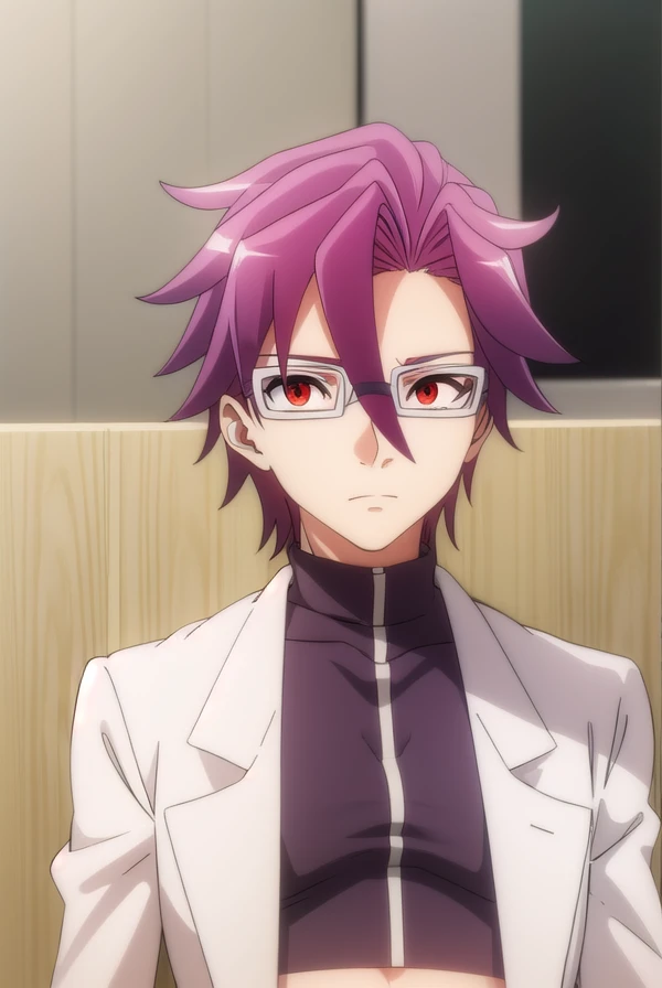 demiolos, <lora:demiolos s2-lora-nochekaiser:1>,
demiolos, (red eyes:1.3), purple hair, male focus, glasses,
BREAK midriff, crop top, labcoat,
BREAK indoors, classroom,
BREAK looking at viewer,
BREAK <lyco:GoodHands-beta2:1>, (masterpiece:1.2), best quality, high resolution, unity 8k wallpaper, (illustration:0.8), (beautiful detailed eyes:1.6), extremely detailed face, perfect lighting, extremely detailed CG, (perfect hands, perfect anatomy),