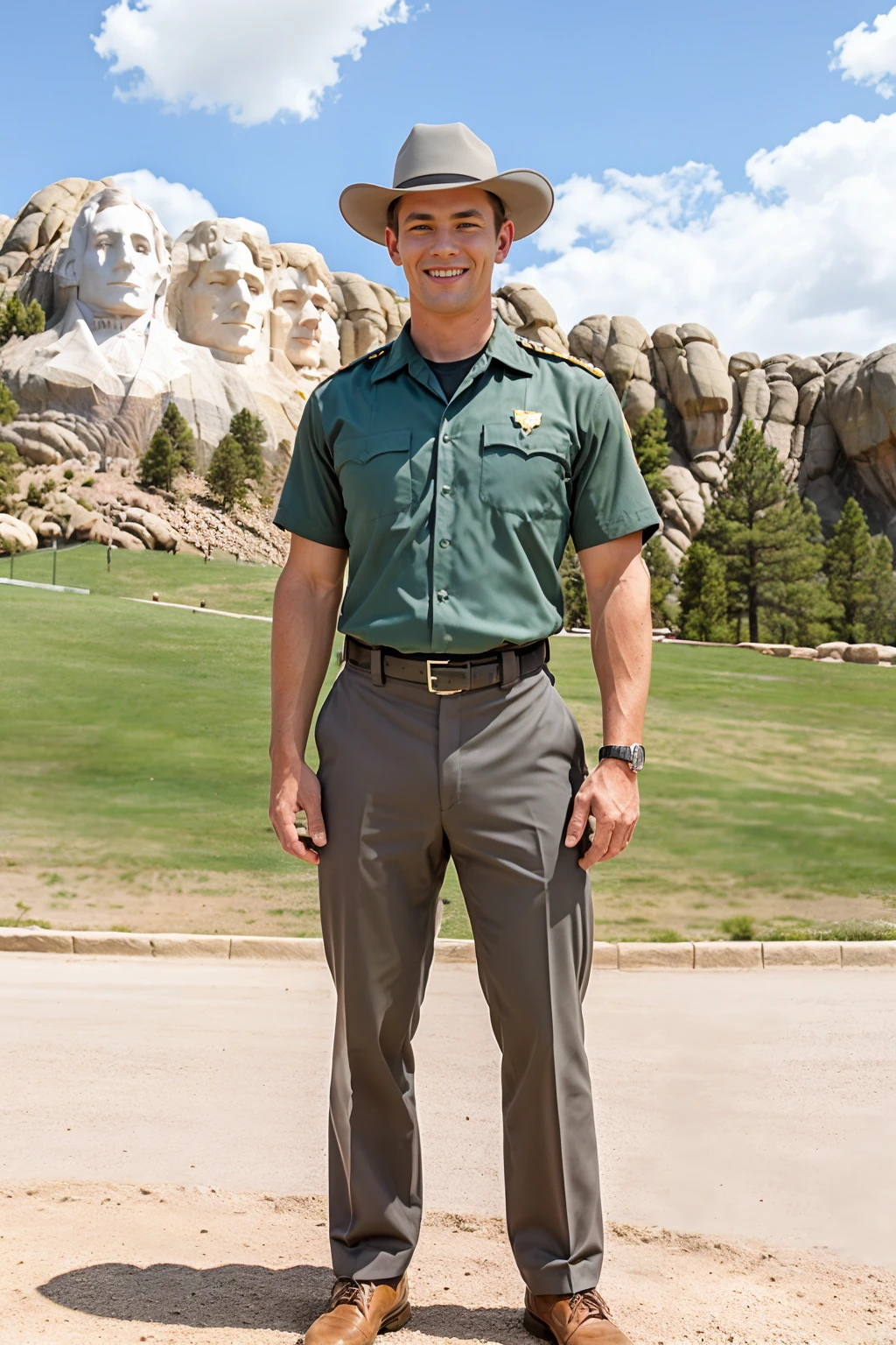 the Black Hills, plaza in front of Mount Rushmore, smiling, CFRocky is a park ranger, hands behind his back, National Park Service uniform, (gray shirt:1.2), (pale green trousers), wearing flat brim cavalry stetson, (((full body portrait))), wide angle <lora:CFRocky:0.8>